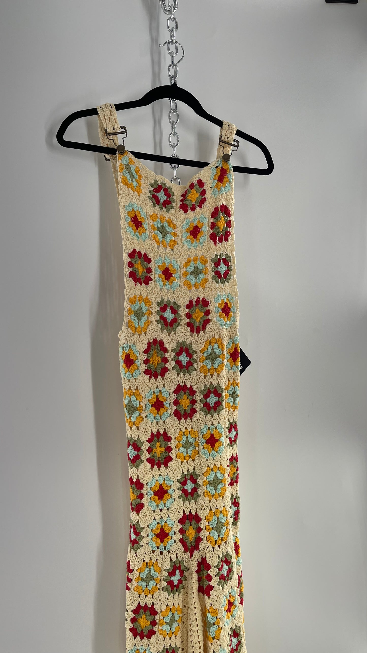 Free People Flook Beige Heavy Weight Crochet Granny Patchwork Overall Dress (Small)