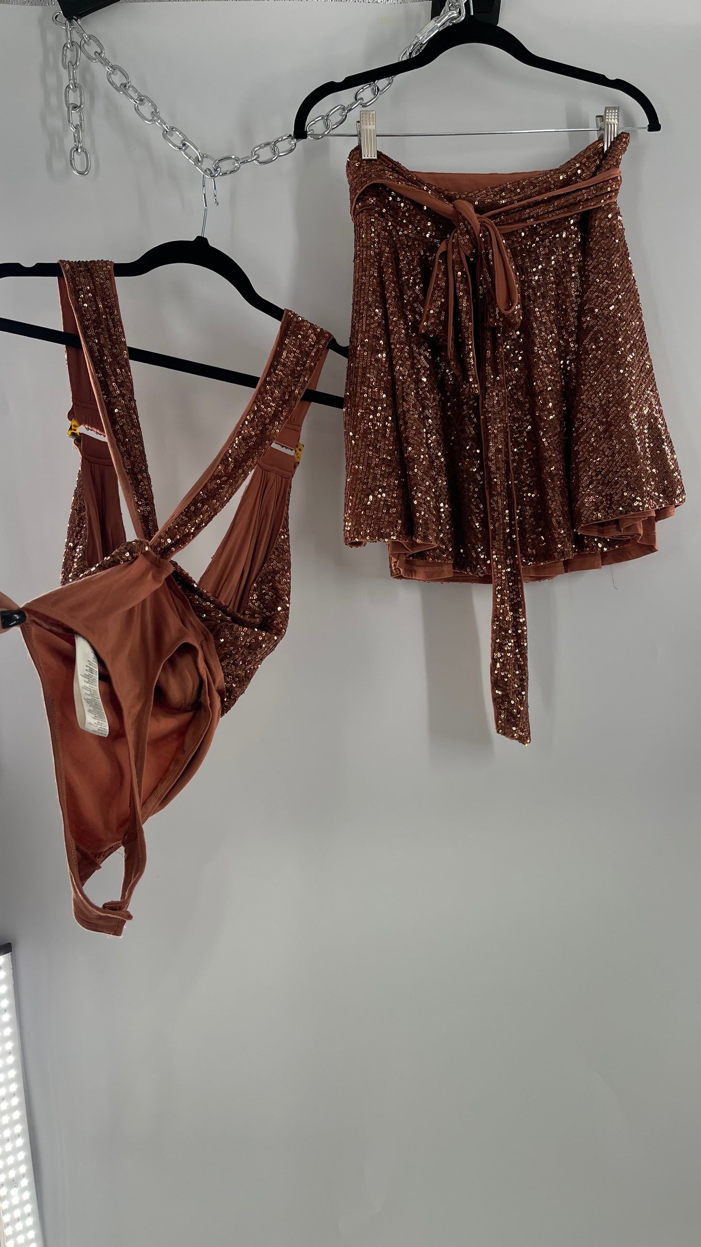 Free People Bronze Sequin 2Piece Set with Wrap Around Skirt and Bodysuit (XS body, S Skirt)