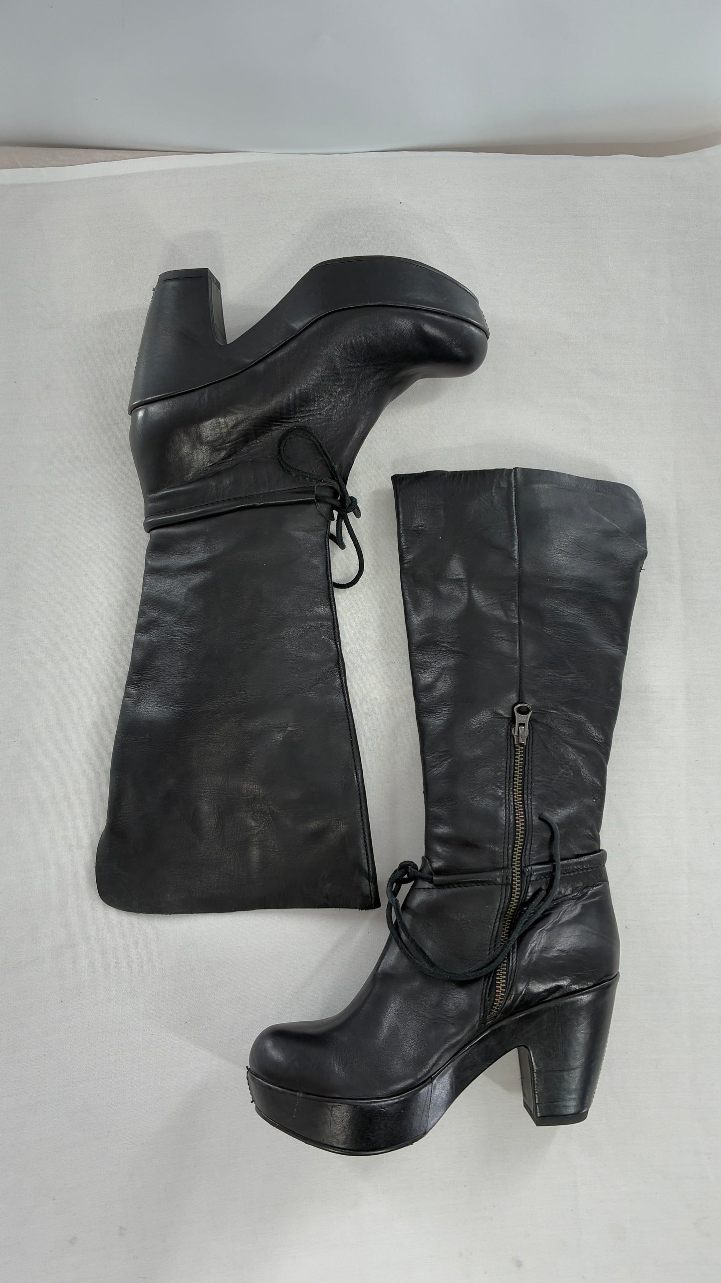 Vintage KORK EASE Black Genuine Leather Platform Clog, Knee High Boots (8/39)