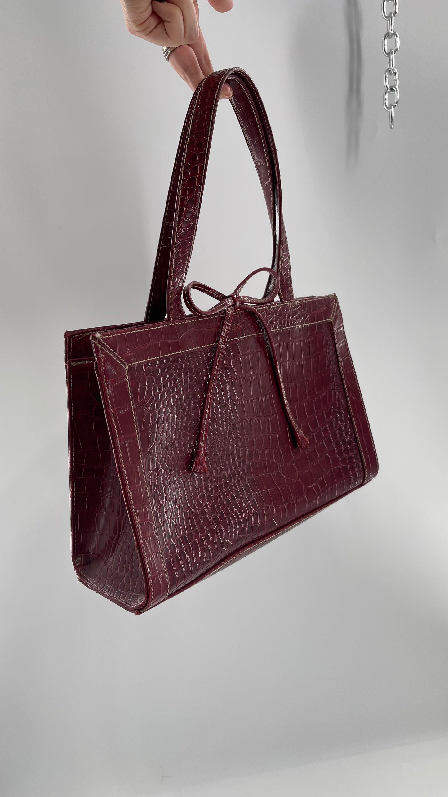 Vintage Liz Claiborne 1990s Cherry Red Crocodile Embossed Structured Bow Bag