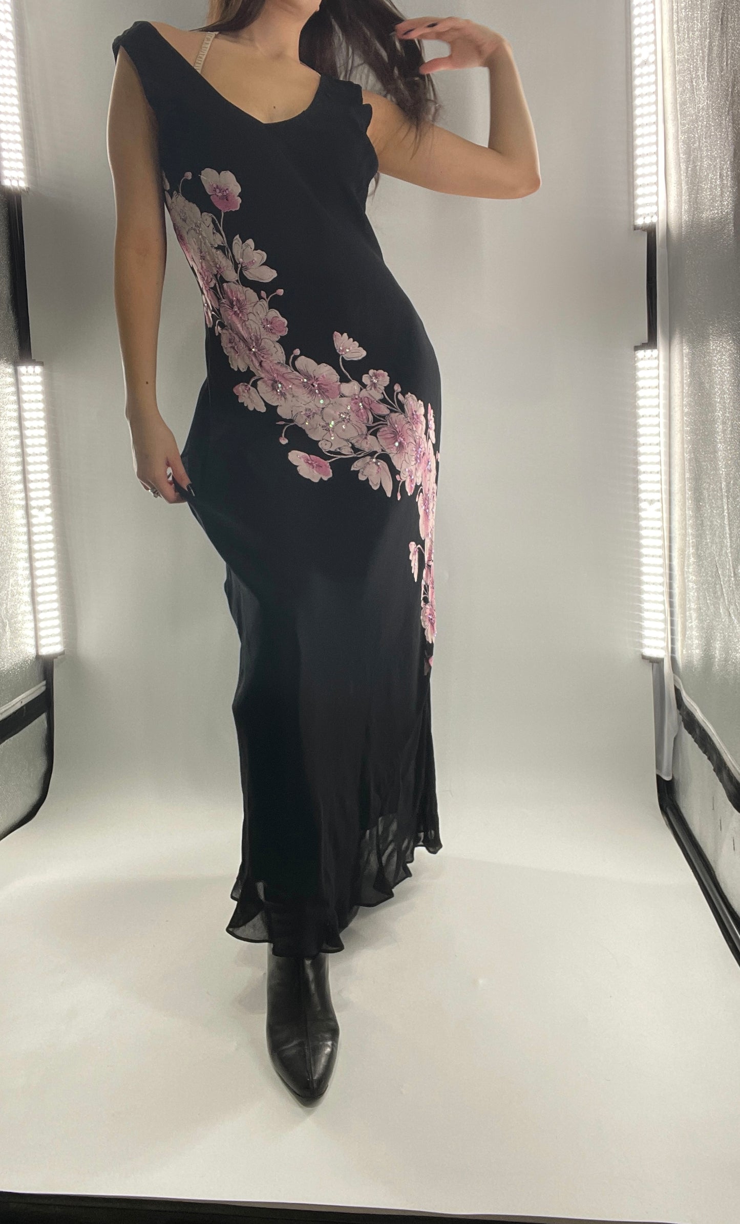 Vintage Dress Barn Black Slinky Maxi Dress with Pink Floral Graphic and Sequins (L)