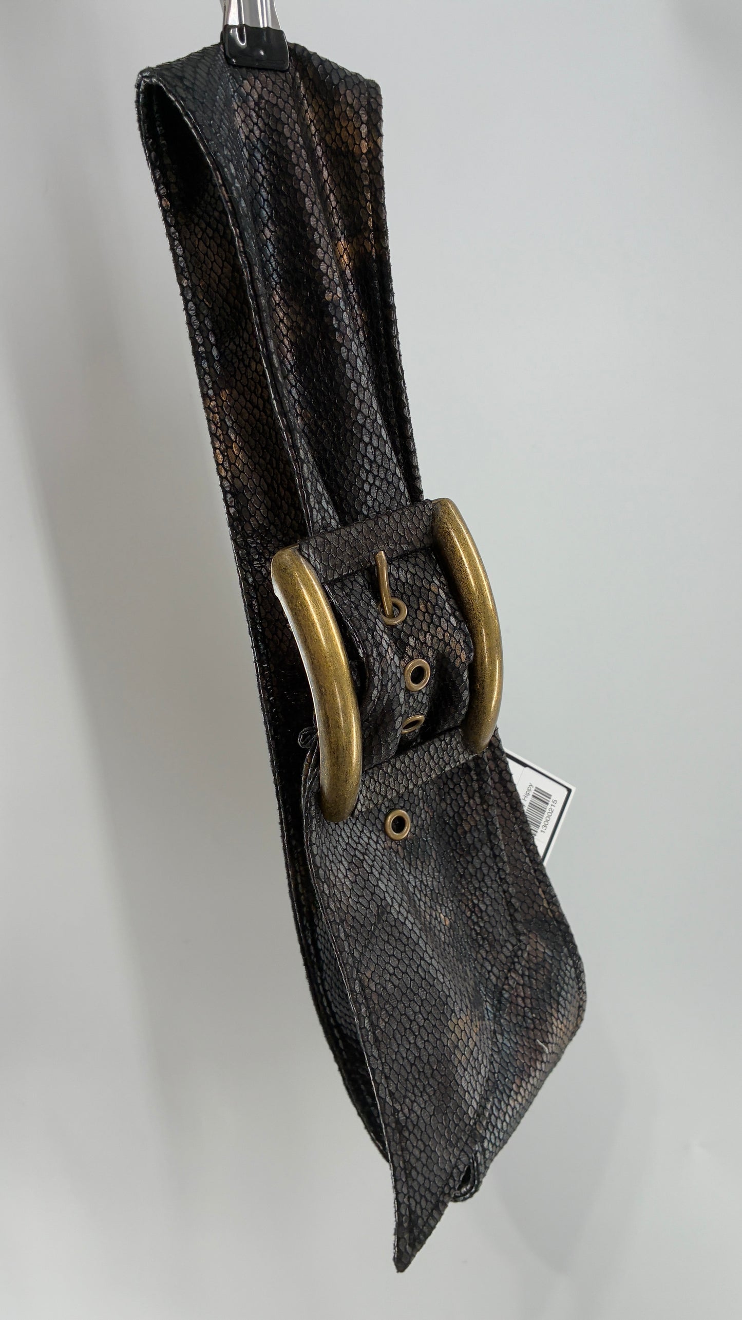 Vintage Snake Skin Patterned Wide Belt with Gold Brass Oversized Buckle (Large)