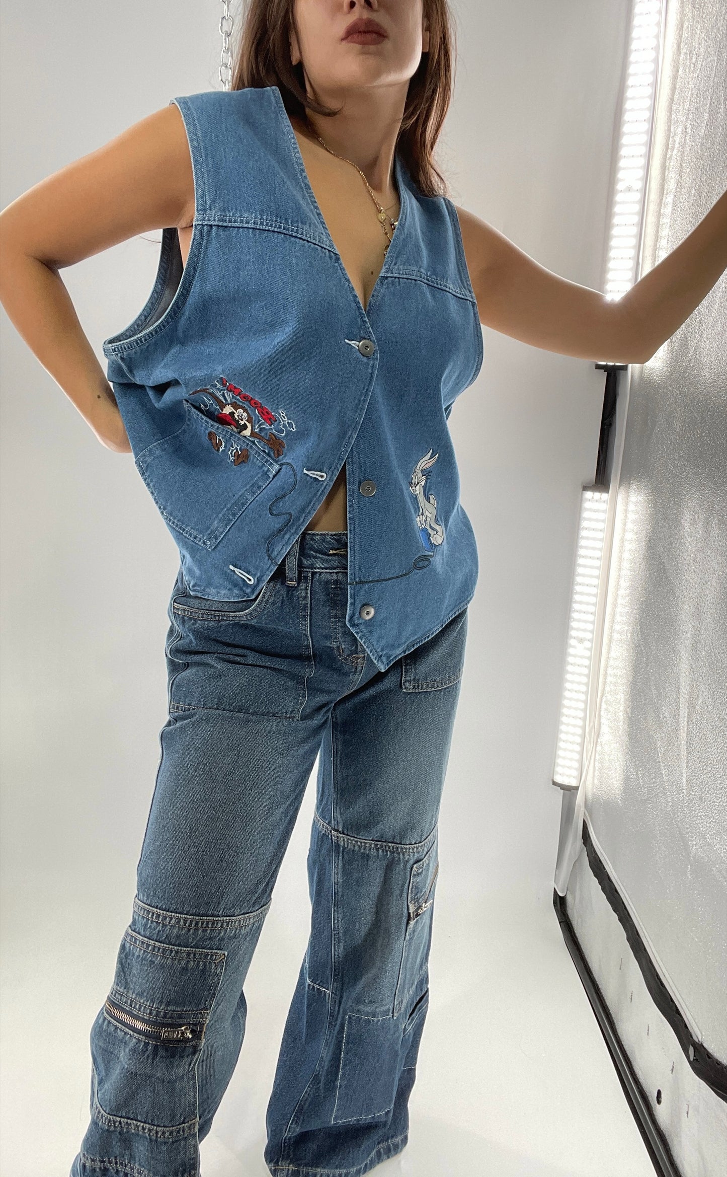 Vintage Looney Tunes Denim Vest with Embroidered Characters (Large)