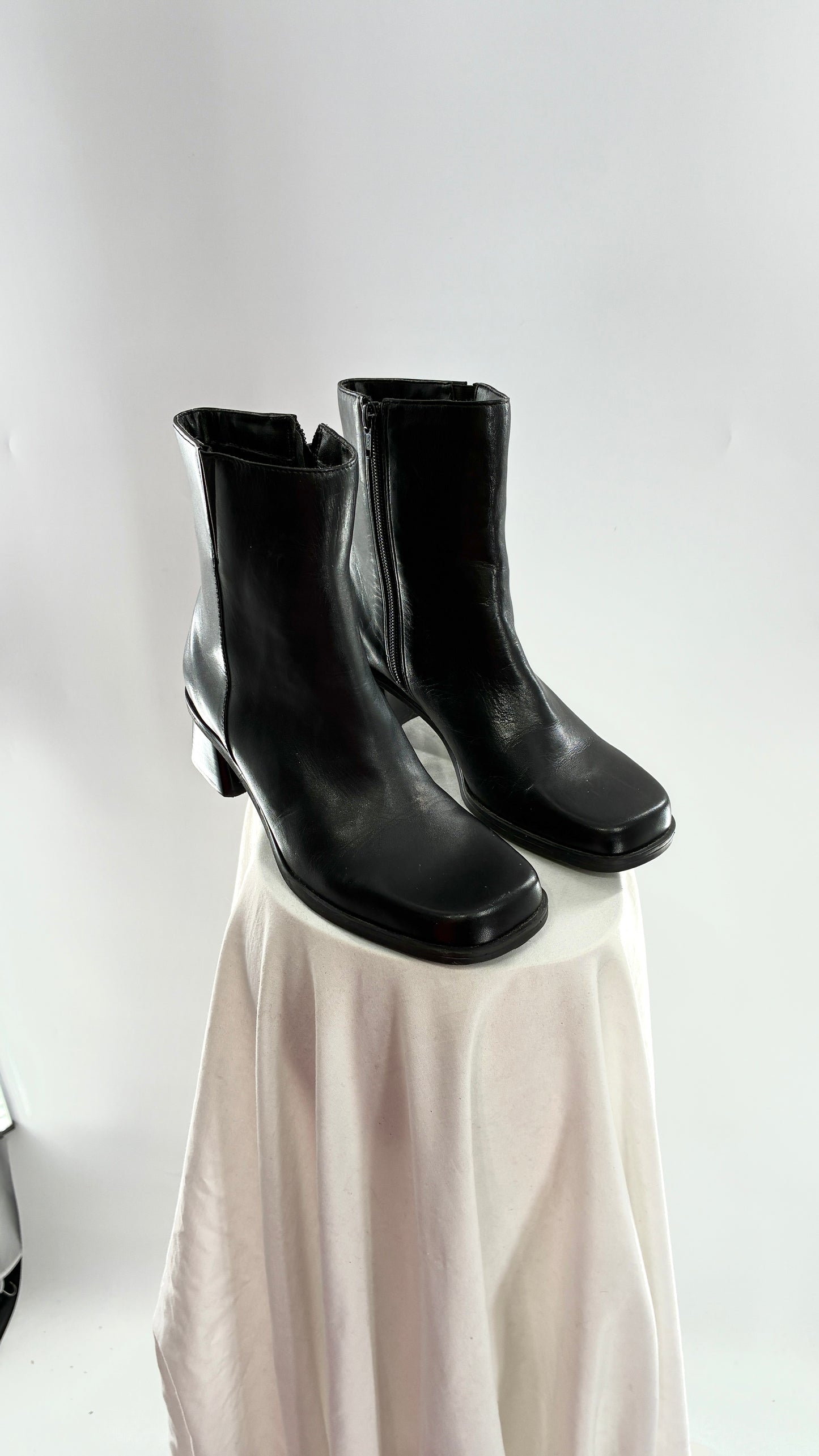 Vintage Naturalizer Black Square Toe Genuine Leather Block Heel Boots Made in Brazil (8)