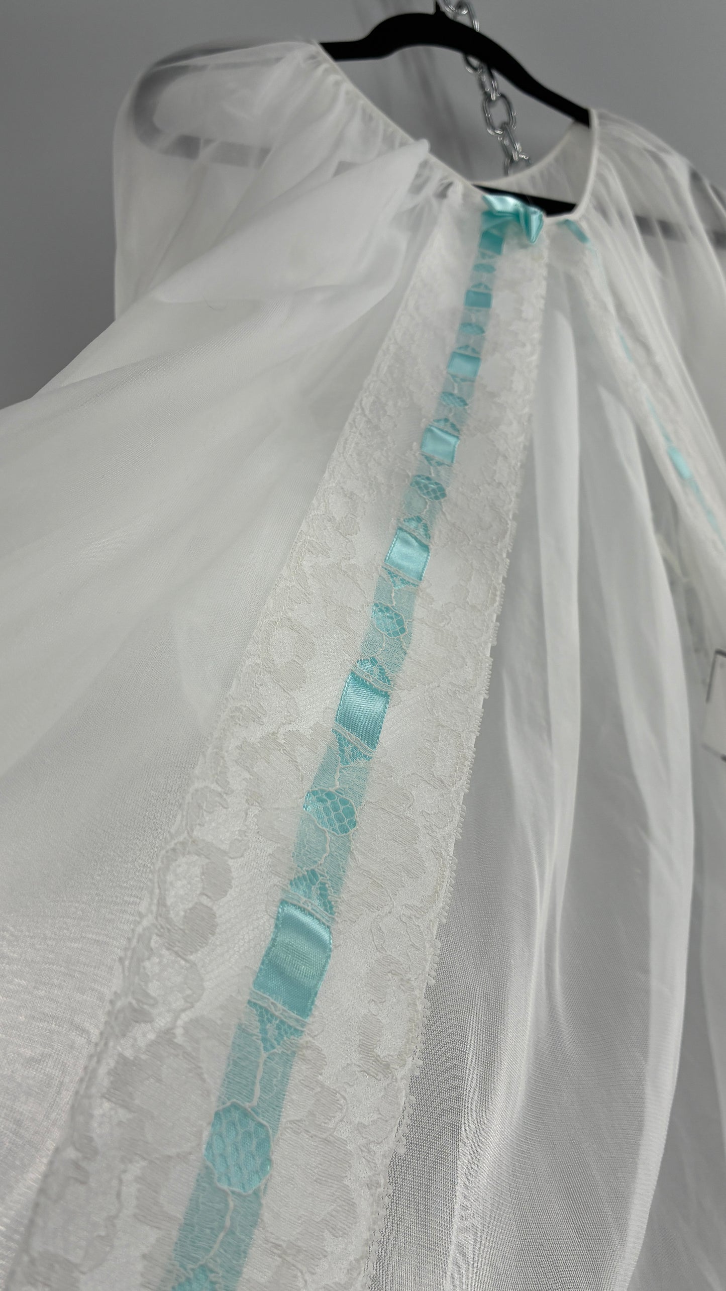 Vintage White Tulle Dress Cape with Oversized Puff Sleeves, Lined with Lace and Baby Blue Ribbon Trim (Medium)