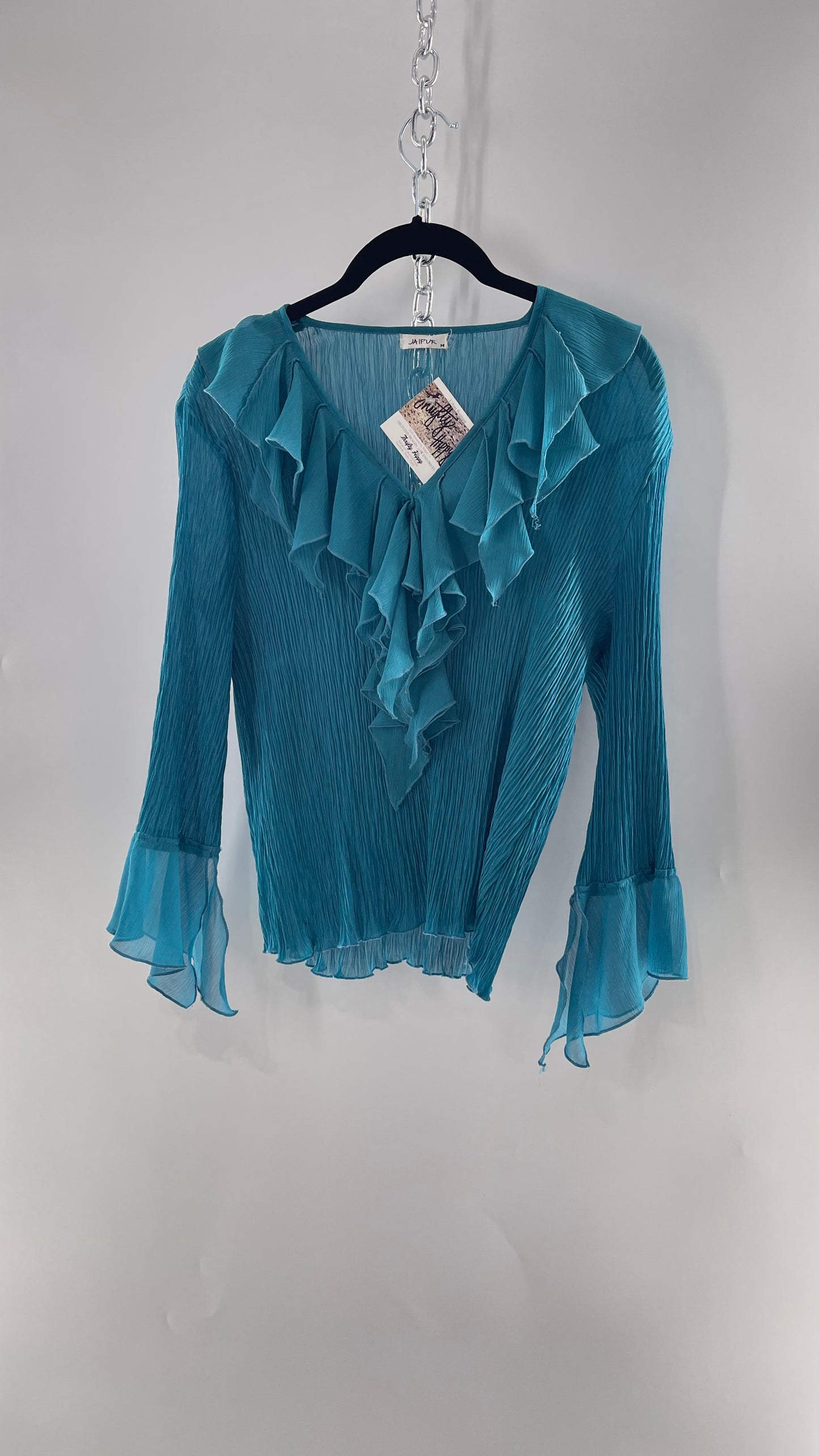 Vintage Jaipur Blue Crimped Blouse with Sheer Handkerchief Cuffs and Ruffled Neckline (Medium)