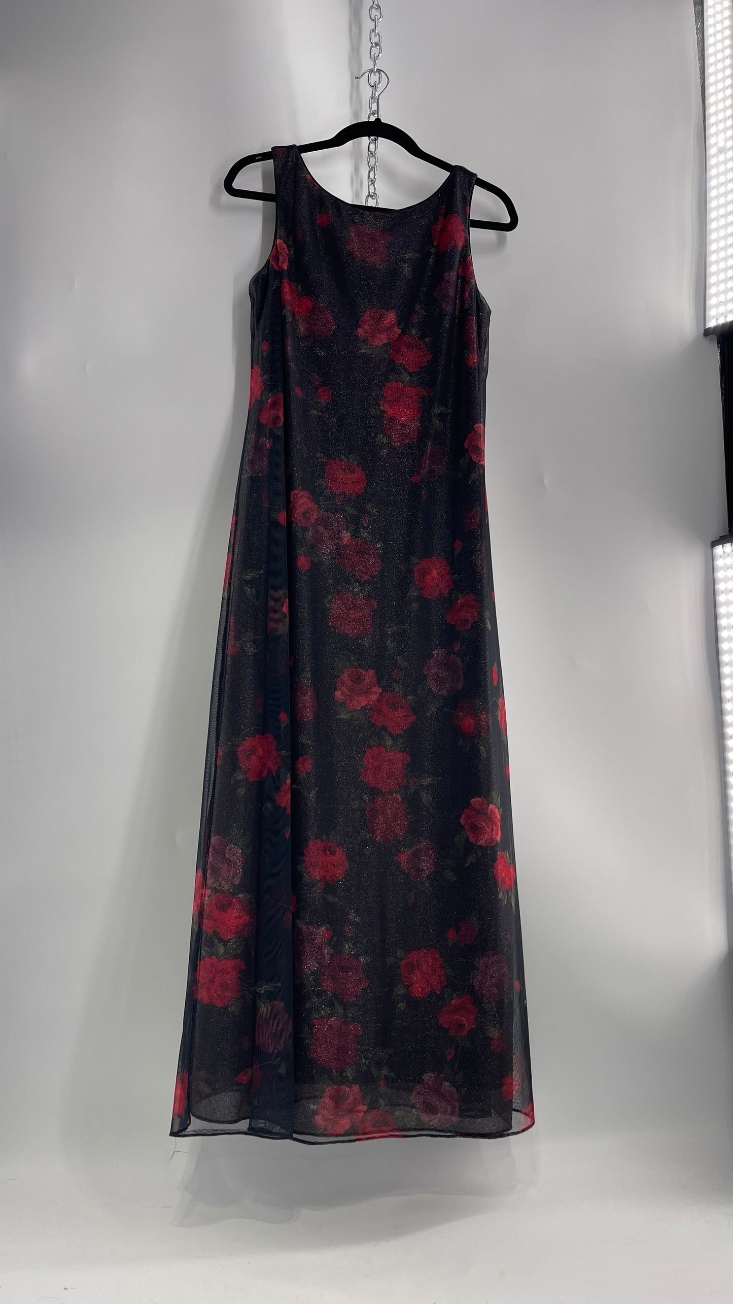 Vintage TEDDI EVENING Dress with Red Rose Layer Over Glitter Graphic and Black Base Layer (10)