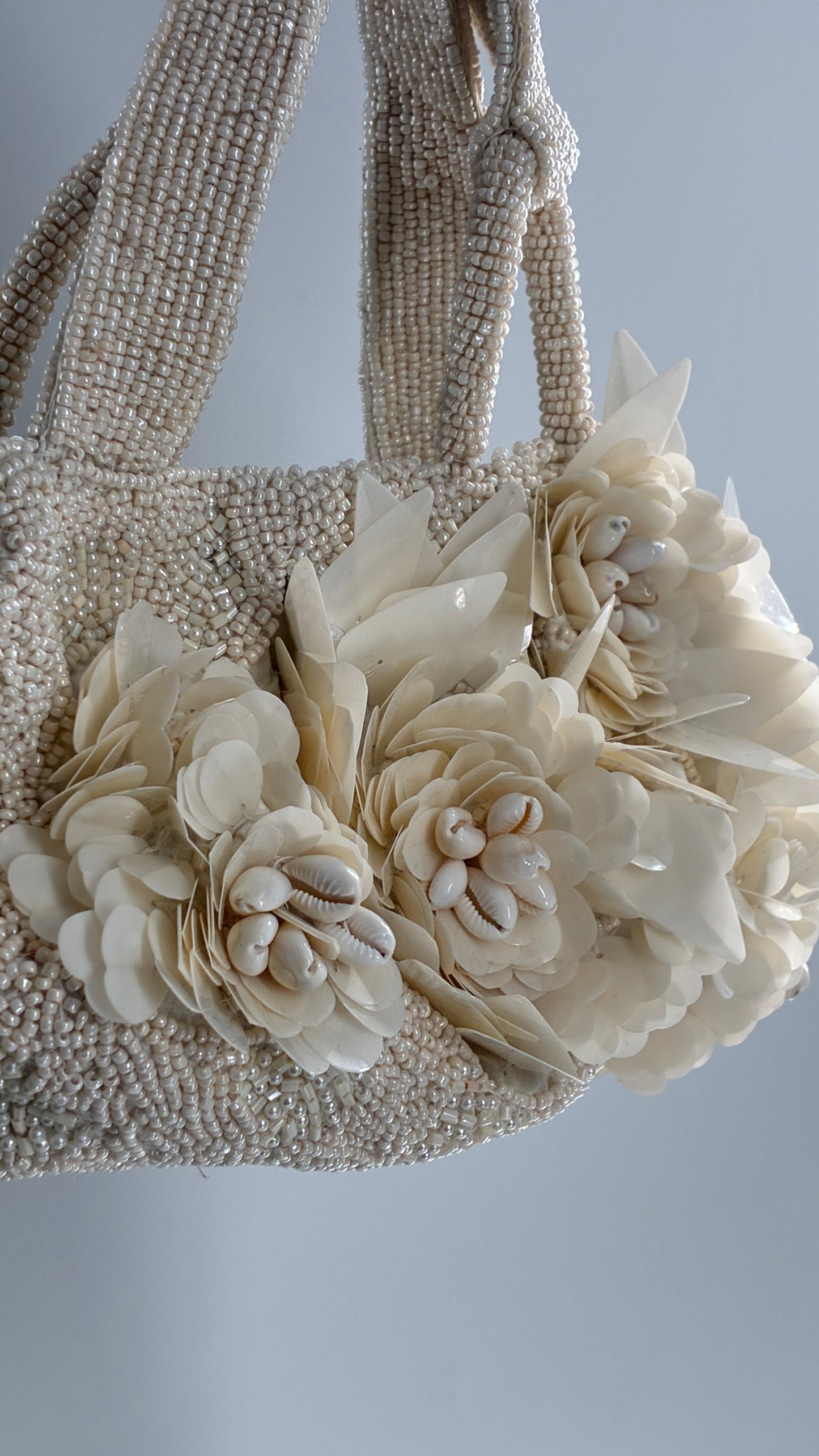 Beaded Off White Purse with Sequin and Shell Flowers