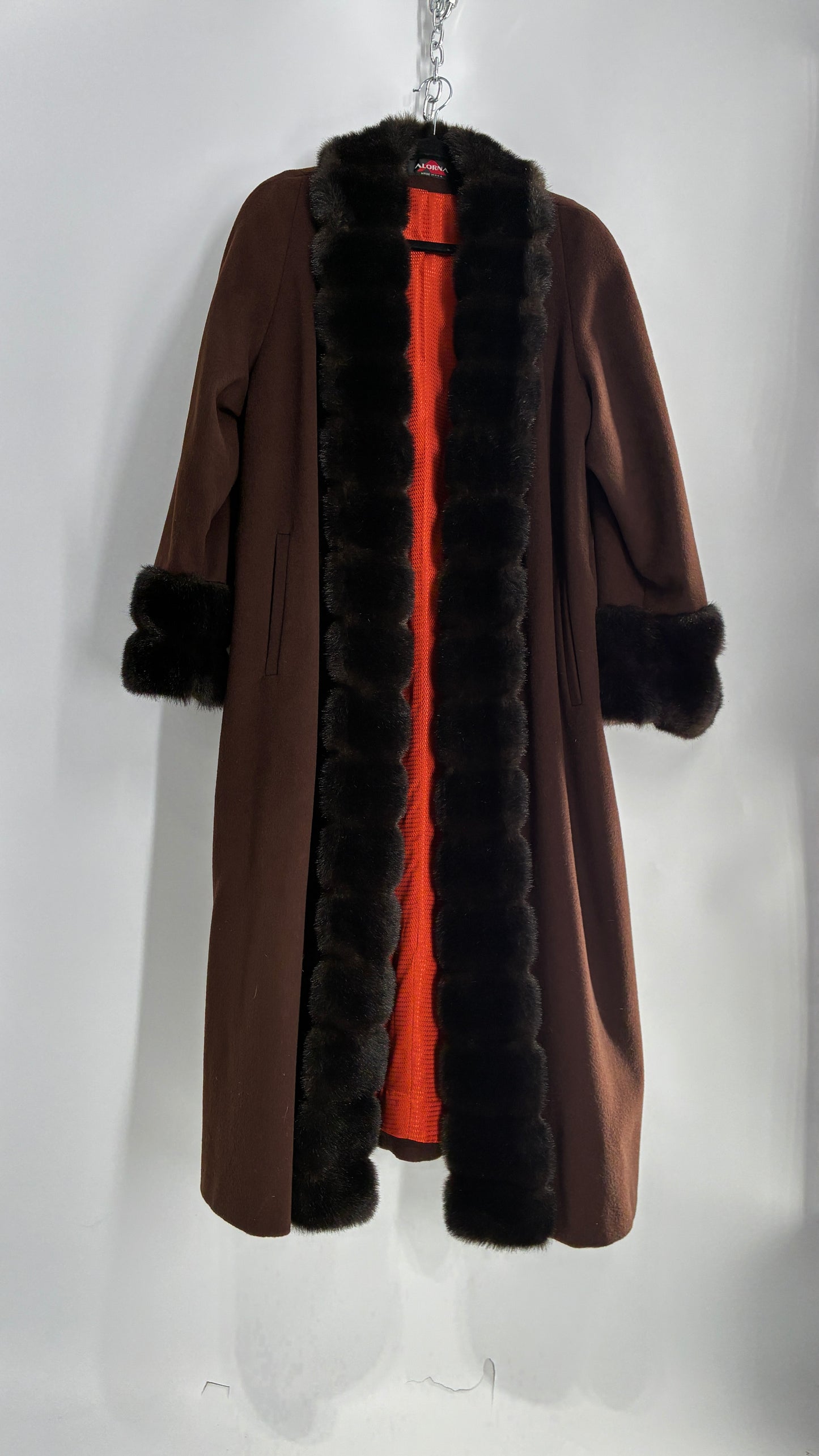 Vintage ALORNA Brown 75% Wool Duster, Full Length Coat with Vegan Fur Pom Pom Trim (12)