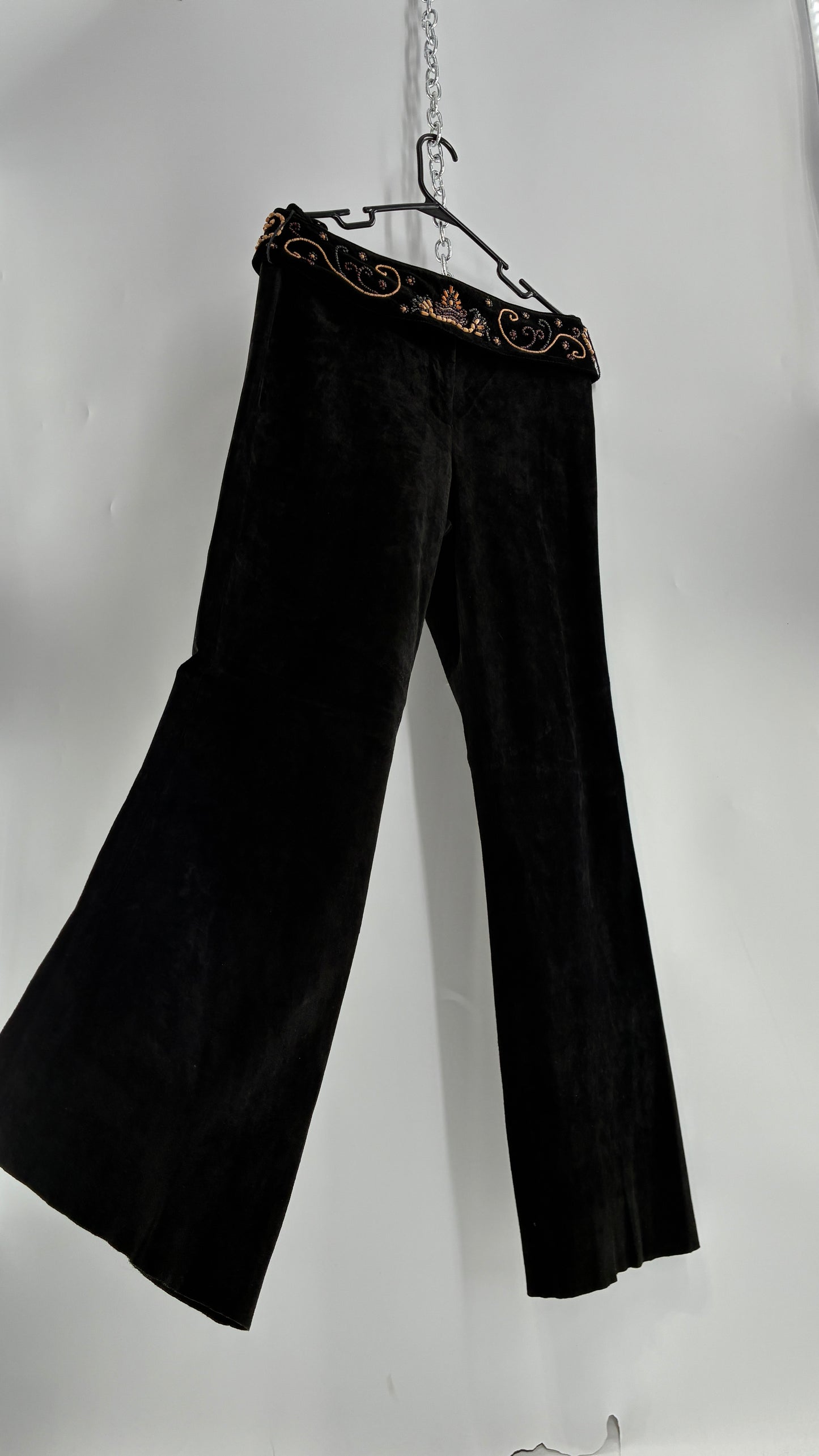 Vintage Margaret Godfrey Black Genuine Suede Leather Kick Flares with Wide Beaded Belt (10)