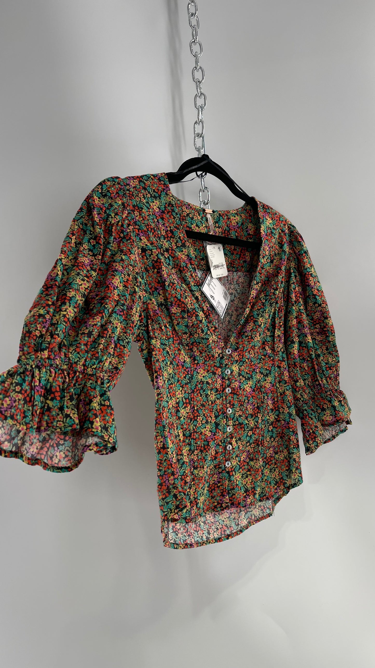 Free People 100% Cotton Colorful Florals Blouse with Deep V, Puff Sleeves, Button Front, and Tags Attached (Small)