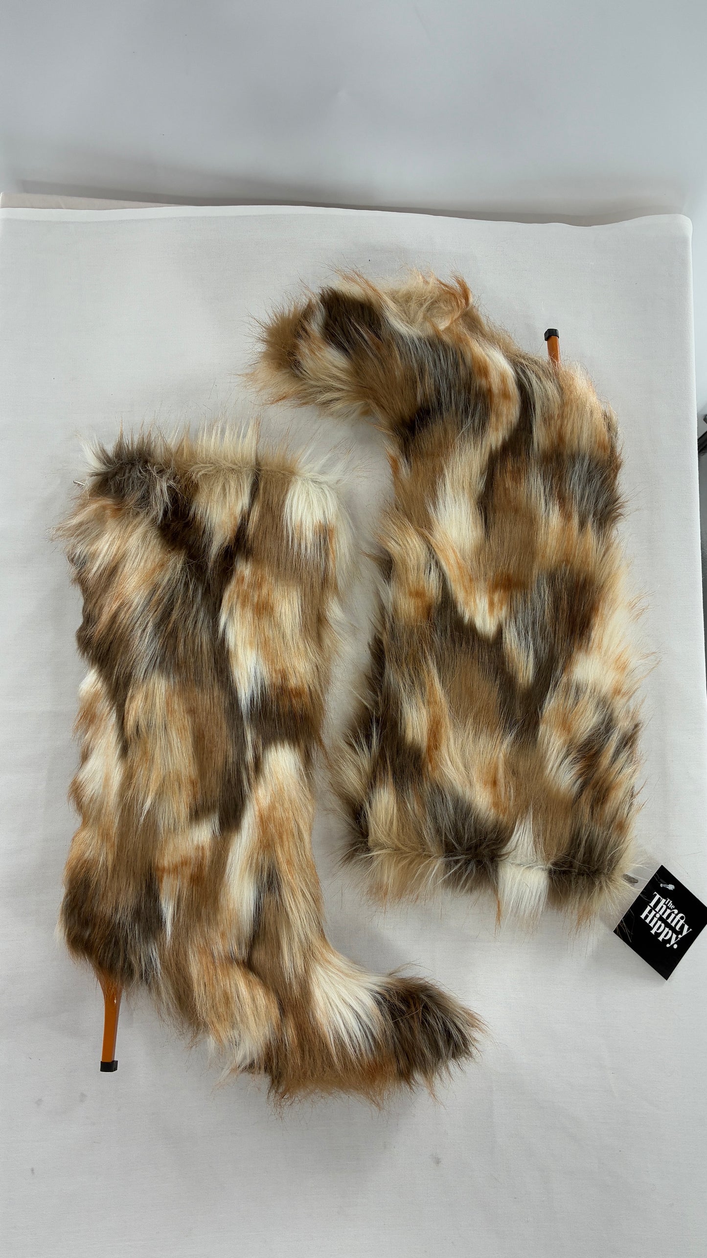 Vintage Mixed Tone Vegan Fur, Knee High, Pointed Toe Boots (43)
