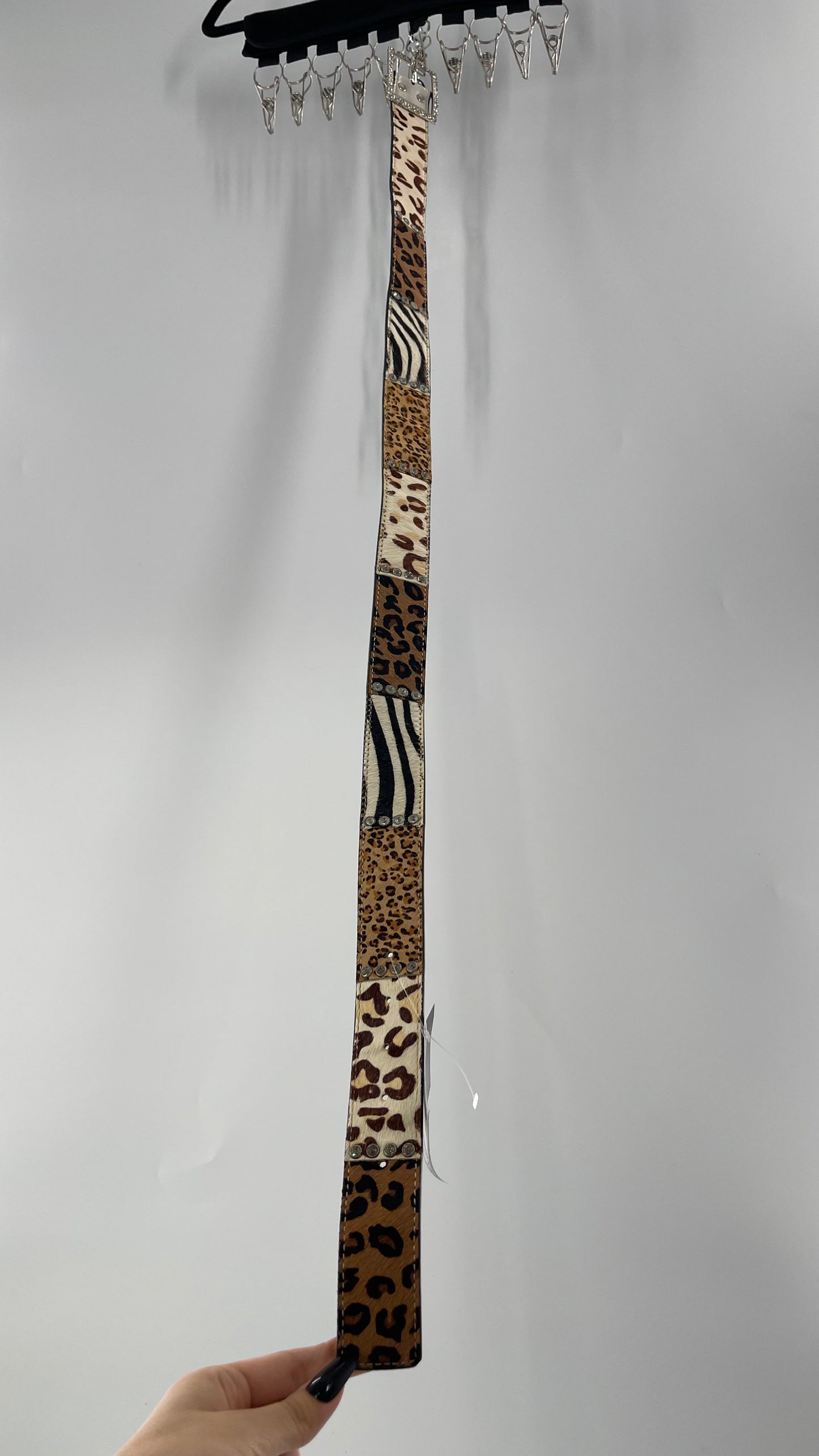 Vintage Pony Fur Animal Print Patchwork Belt with Rhinestone Buckle and Embellishments (Medium)