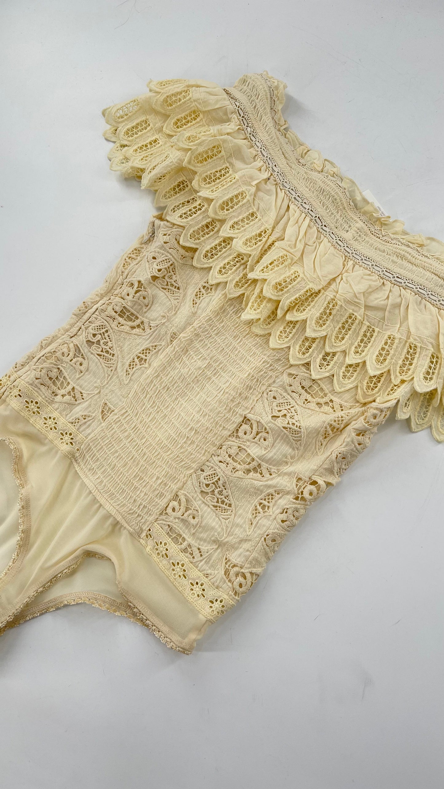 Intimately Free People Light Yellow Lace Bodysuit with Ruffled Off the Shoulder Neckline
(XS)