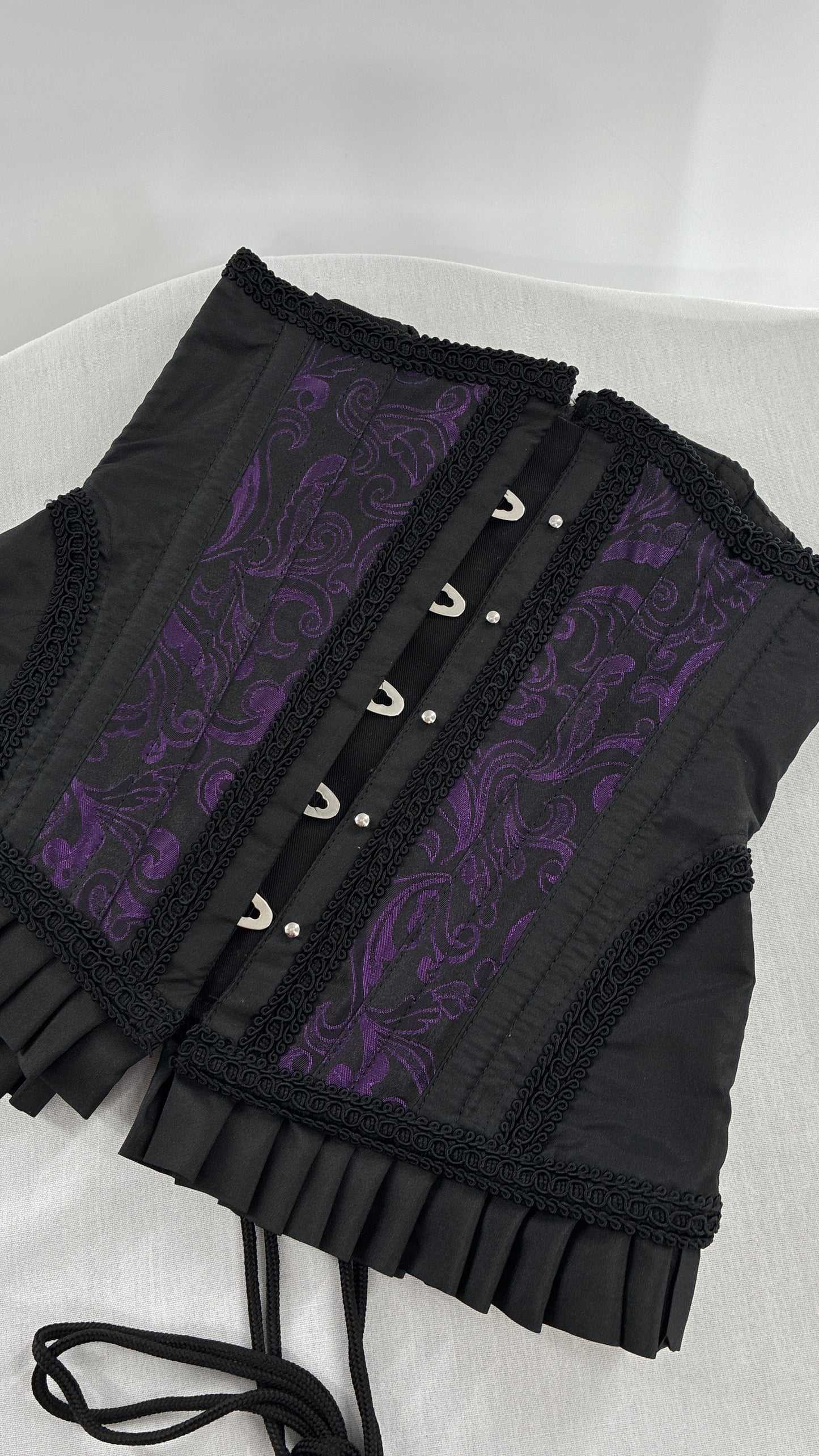Vintage Black and Purple Brocade Corset with Pleated, Ruffled Hem (Sz 22)