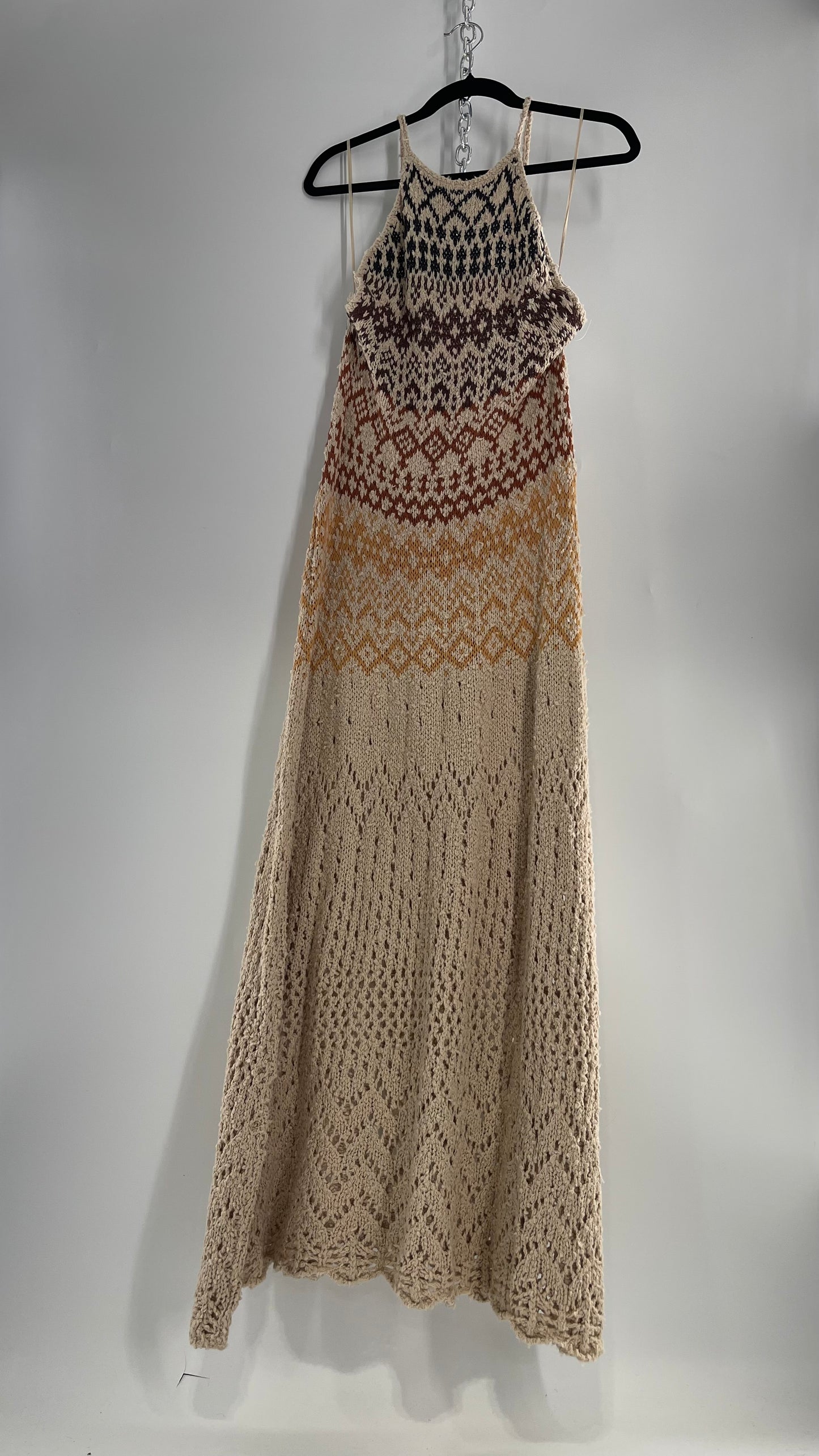 Free People Beige Ikat Oasis Knit Halter Maxi Dress (Small)