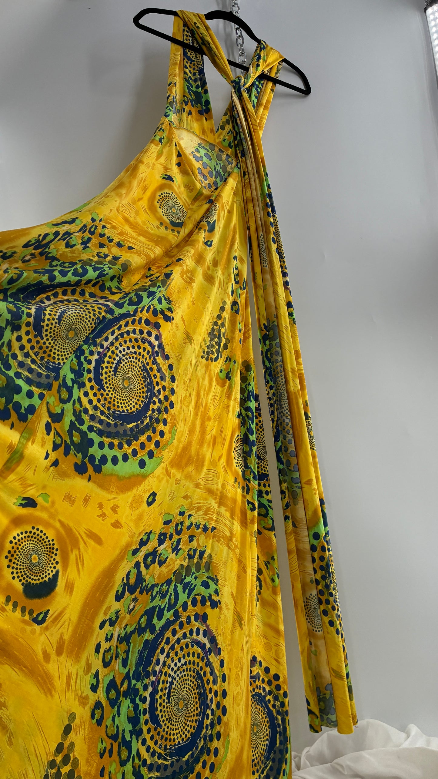 Vintage NARCISA LANG Lycra Full Length, Backless Yellow Dress with Graphic Pattern (XS/S)