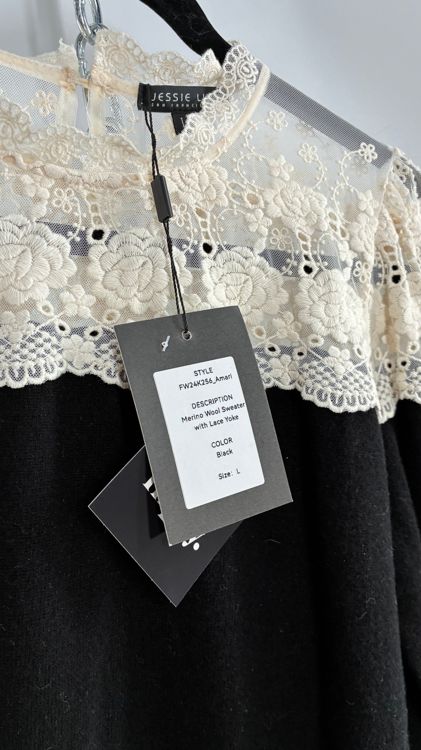 JESSIE LIU Amari Black 100% Merino Wool Sweater with Ivory Lace Neckline and Cuffs (Large)