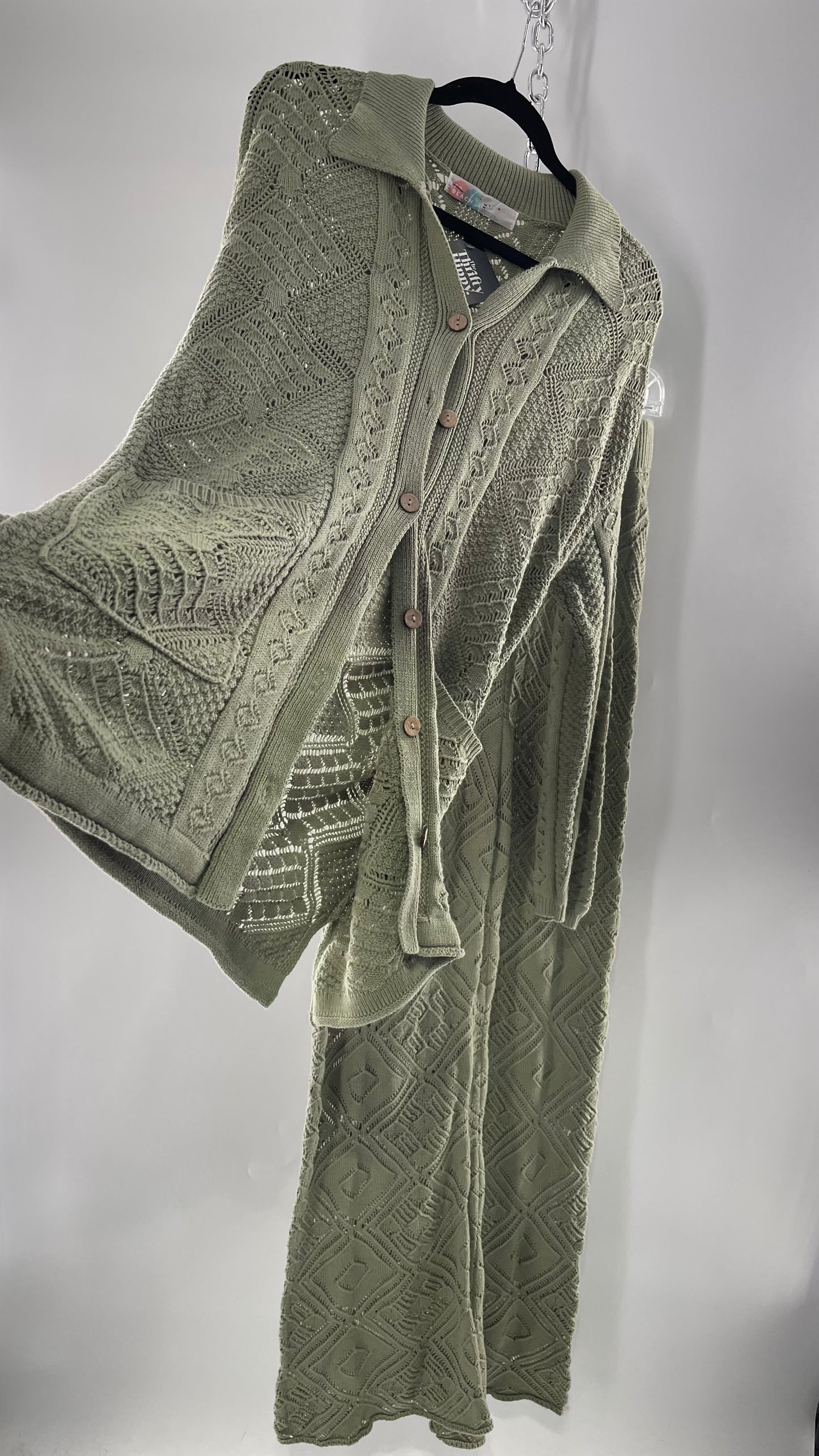 Free People Beach Sage Green Crochet Wooden Button Front Cardigan and Wide Leg Set (Medium)