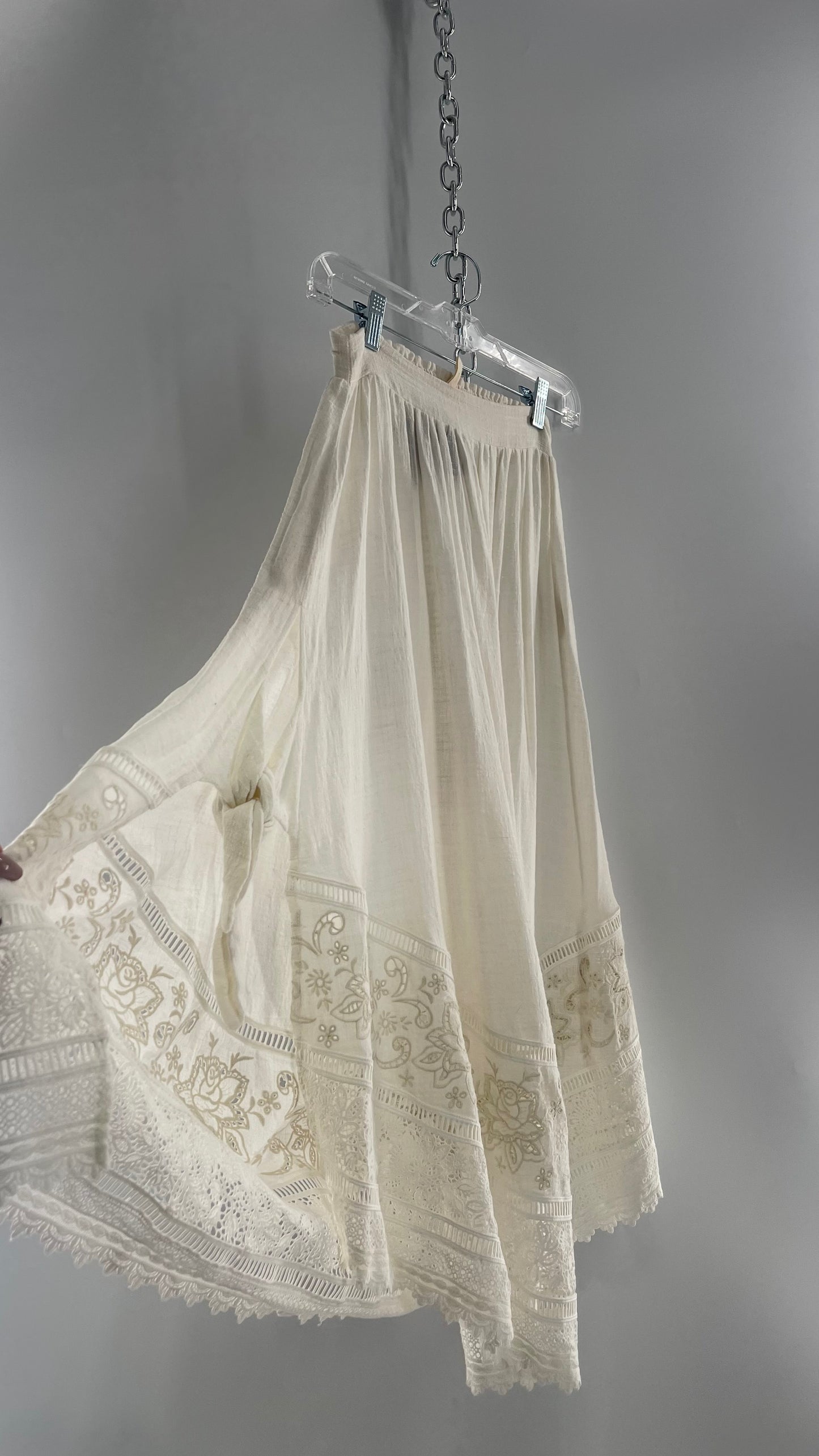 Spell & the Gypsy Full Length Cotton Gauze White Skirt with Tie Sides and Heavily Embroidered Hem (XS)