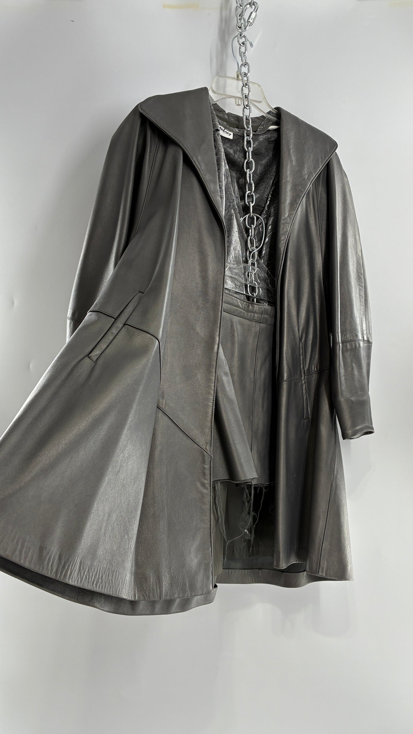 Vintage 1980s JUST PIERRE 3pc Metallic Silver Leather Trench Coat, Micro Mini Skirt and Sheer Blouse Set (S/M)