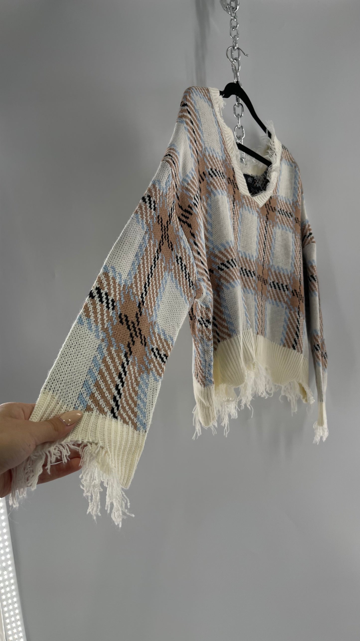 Fashion Nova Plaid Powder Blue/Tan Distressed Sweater