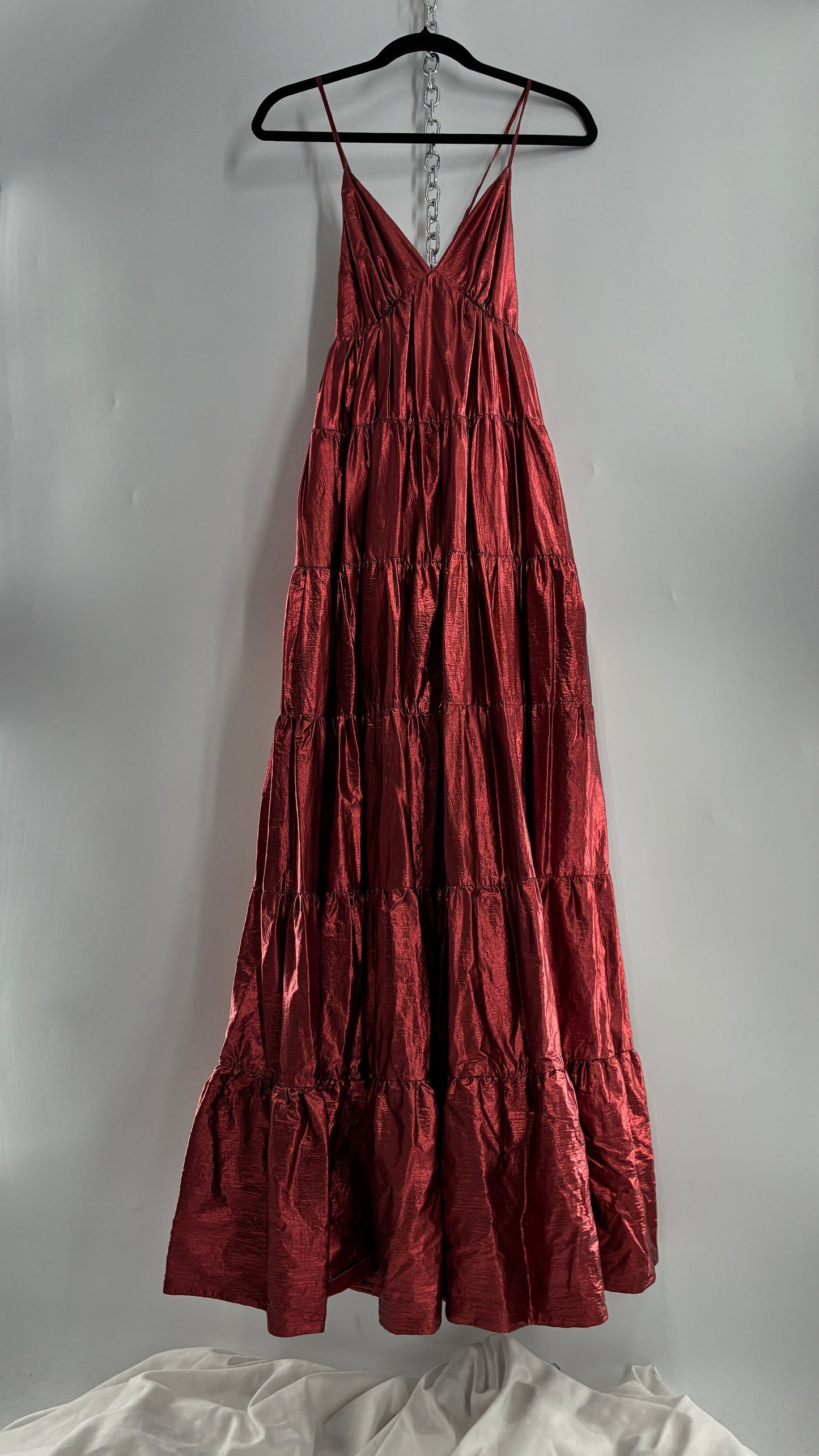HUTCH Red Metallic Tiered Voluminous Maxi Gown (XS)