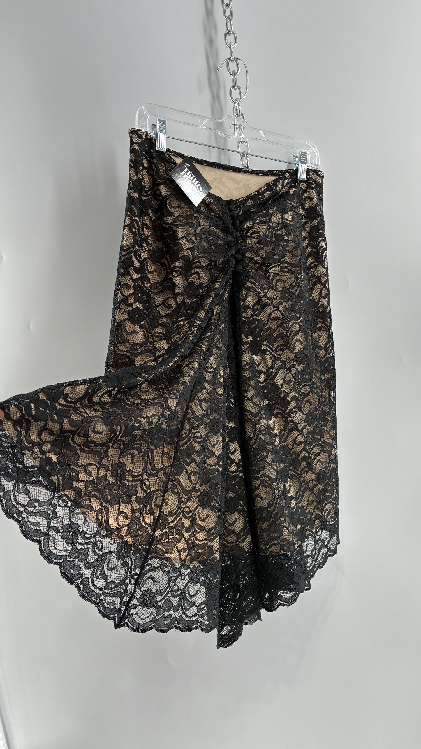 Vintage HEART MOON STARS Black Lace Overlay + Nude Underlay Skirt with Low Wired Back, Ruched Bum, and Button Down Back(8)