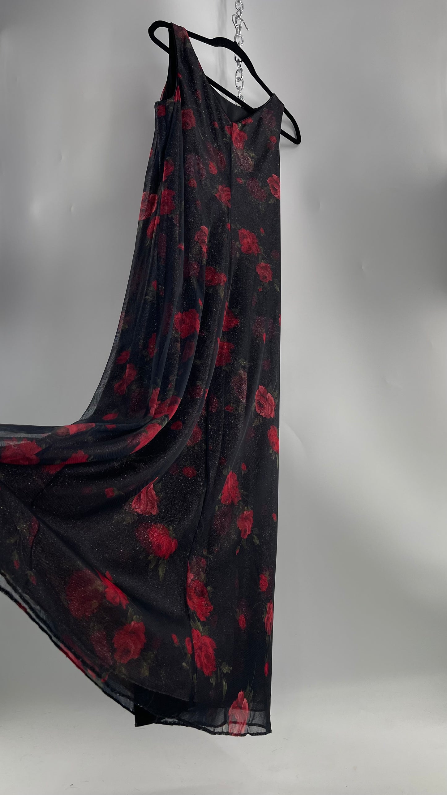 Vintage TEDDI EVENING Dress with Red Rose Layer Over Glitter Graphic and Black Base Layer (10)