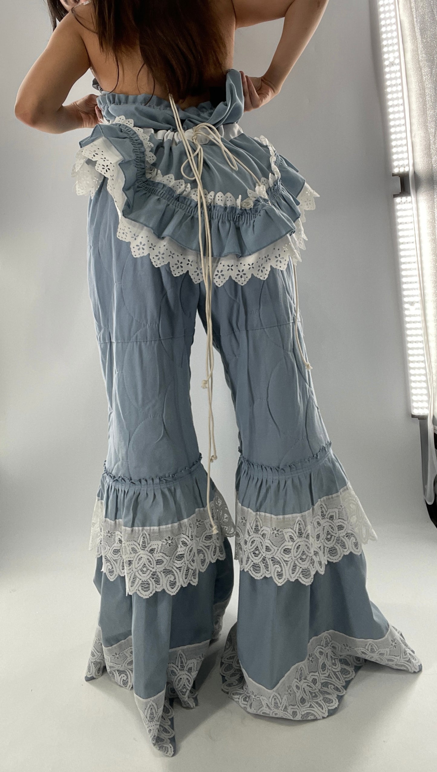 Vintage 2 Piece Powder Blue Set Featuring 2Way Blouse and Quilted Trousers Covered in Ruffles, Lace and Trim (One Size)