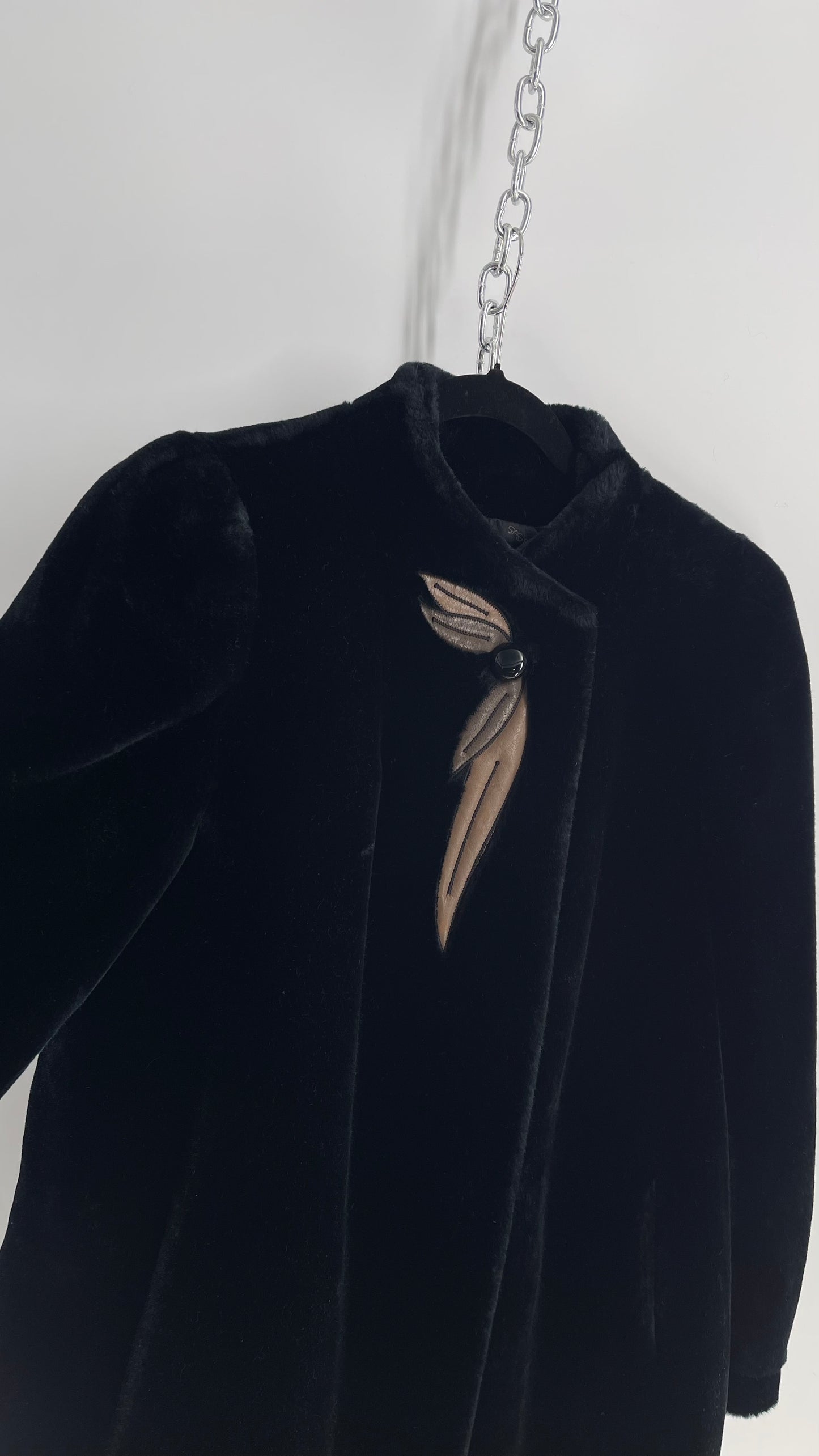 Vintage SASSON Black Faux Fur Coat with Embroidered Leather Patch Detail (Small)