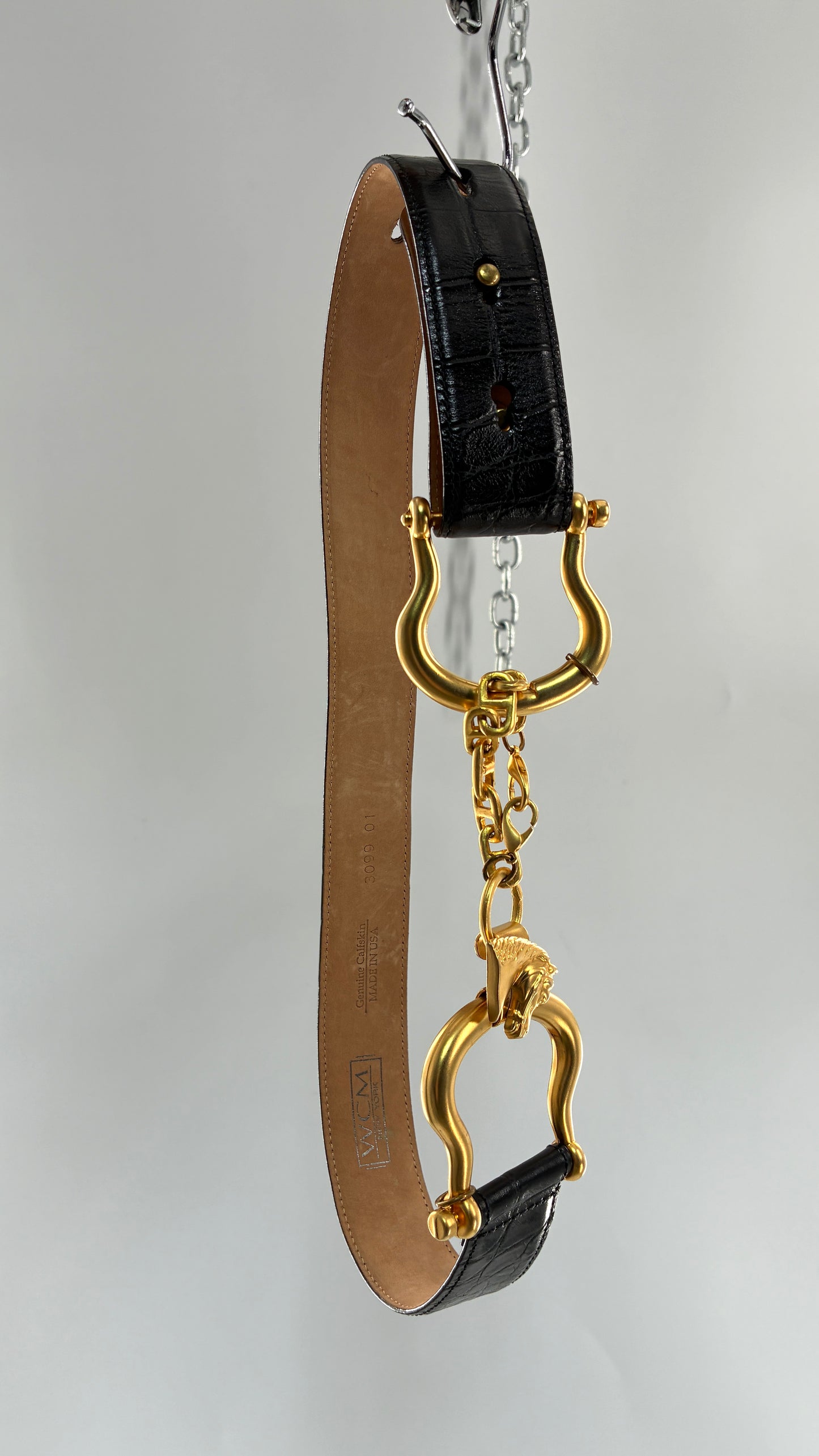 Vintage WCM New York Genuine Calfskin Belt with Golden Sculptural Horse Head Door-Knocker Buckle and Chain Detail (Medium)