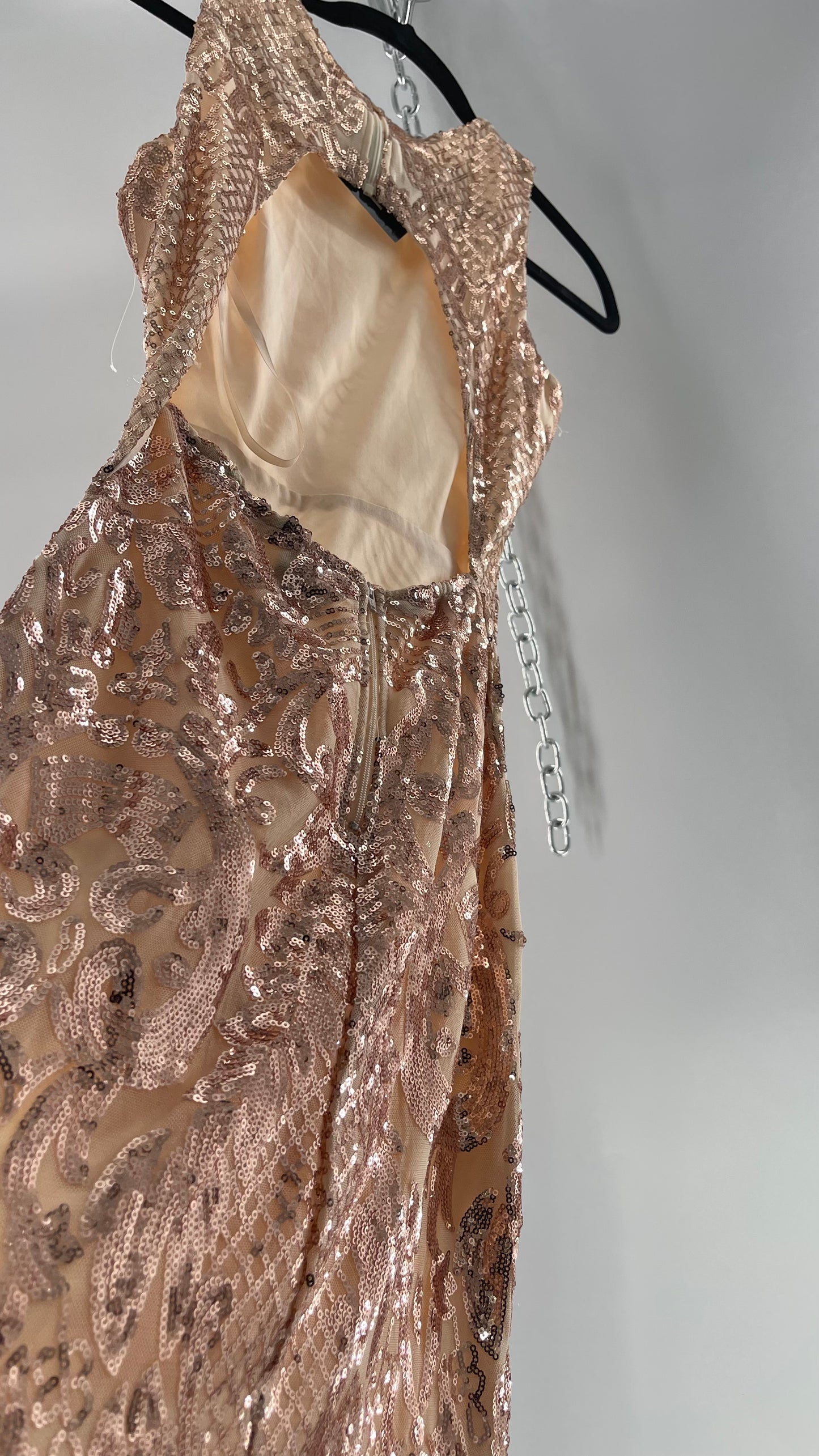 Windsor Rose Gold Sequin Maxi Dress with Side Slit Detail and Open Back (Small)