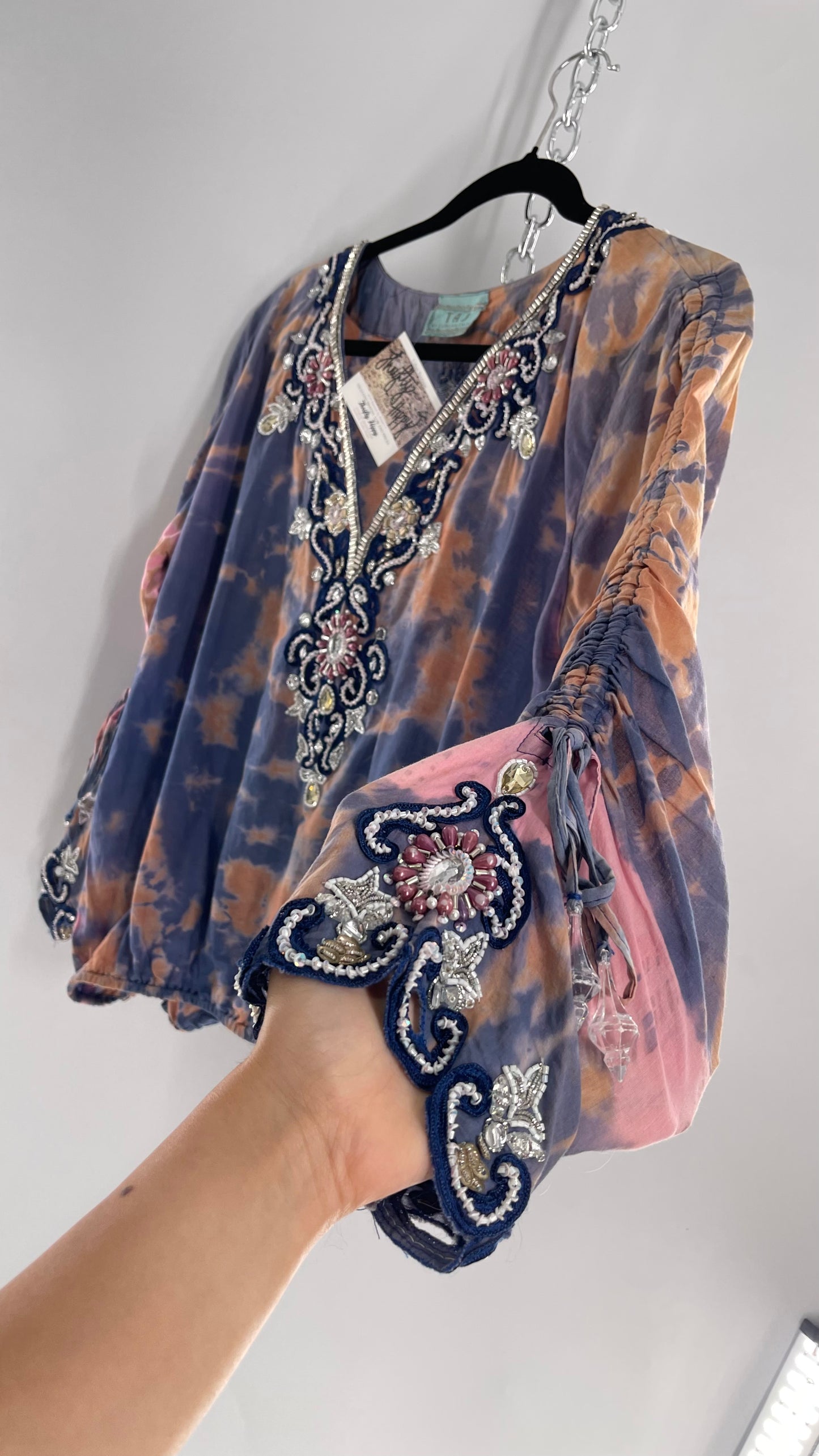 TAJ by Sabrina Crippa Tie Dye Blouse with Gemstone Encrusted Neckline and Ruched Beaded Sleeves (S/M)