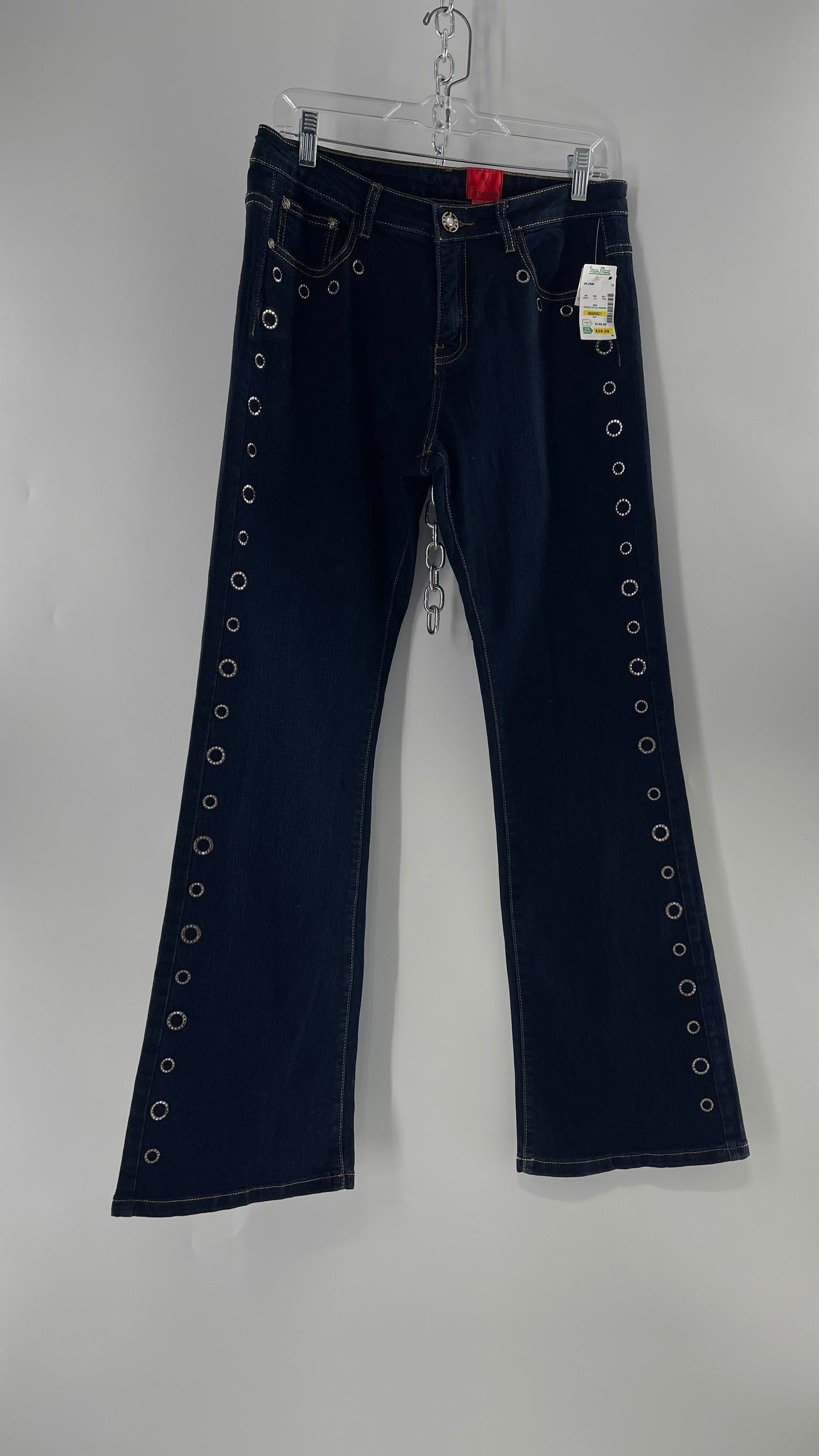 Deadstock Vintage V Christina Dark Wash Gemstone Gold Grommet Jeans (10)