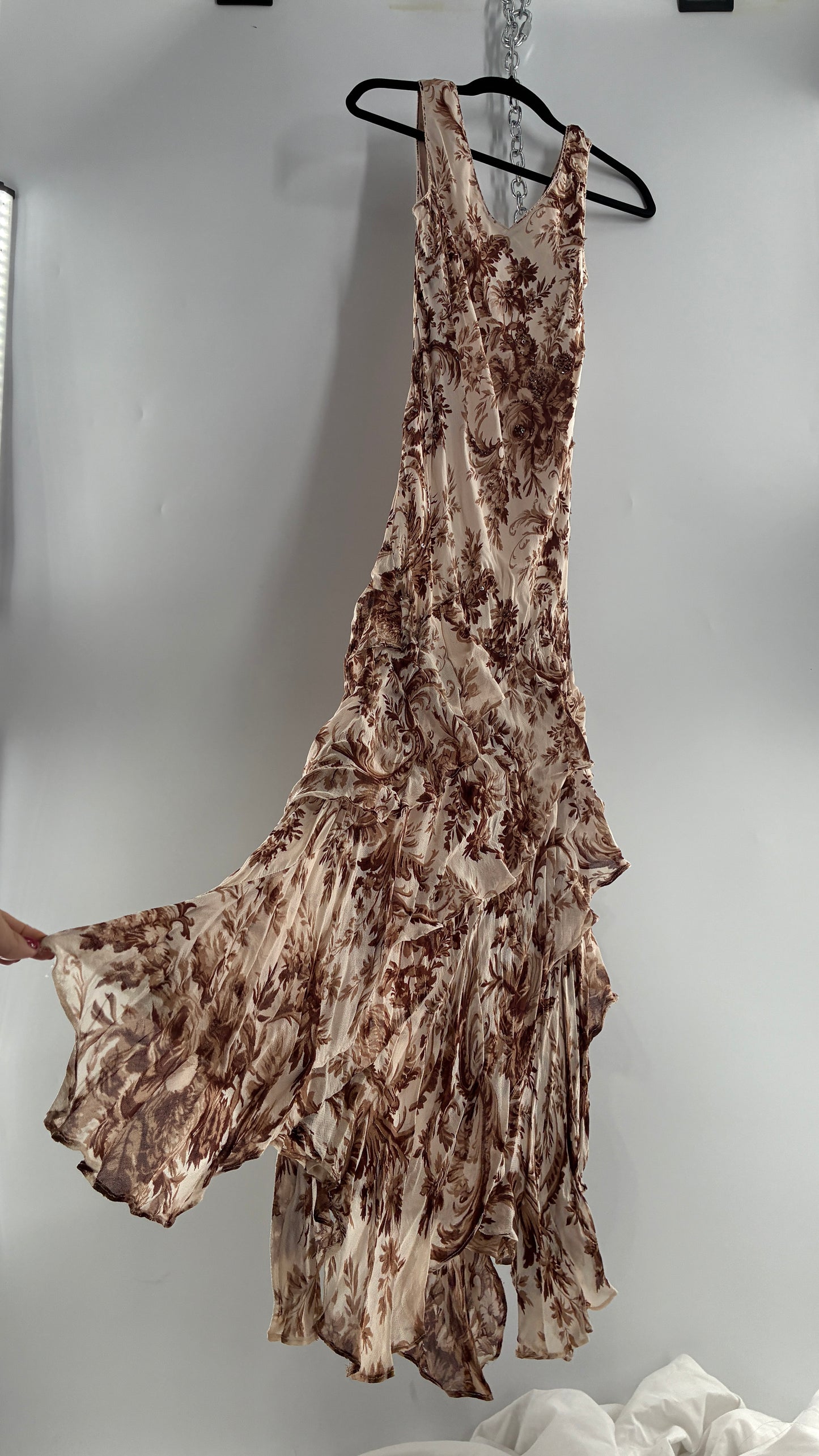 Vintage MAJICK 1990s Brown Floral, Asymmetric Ruffled Hem Gown with Embroidered Sequin Details (Medium)