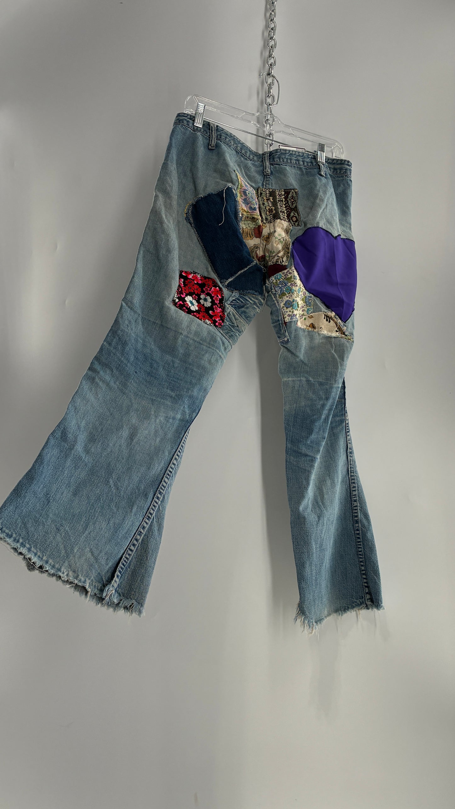 Vintage Rare 1970s Light Wash, Low Rise Boot Cut Jeans with Hand Stitched Tapestry Style Patches and Purple Heart on Bum (Measurements Below)
