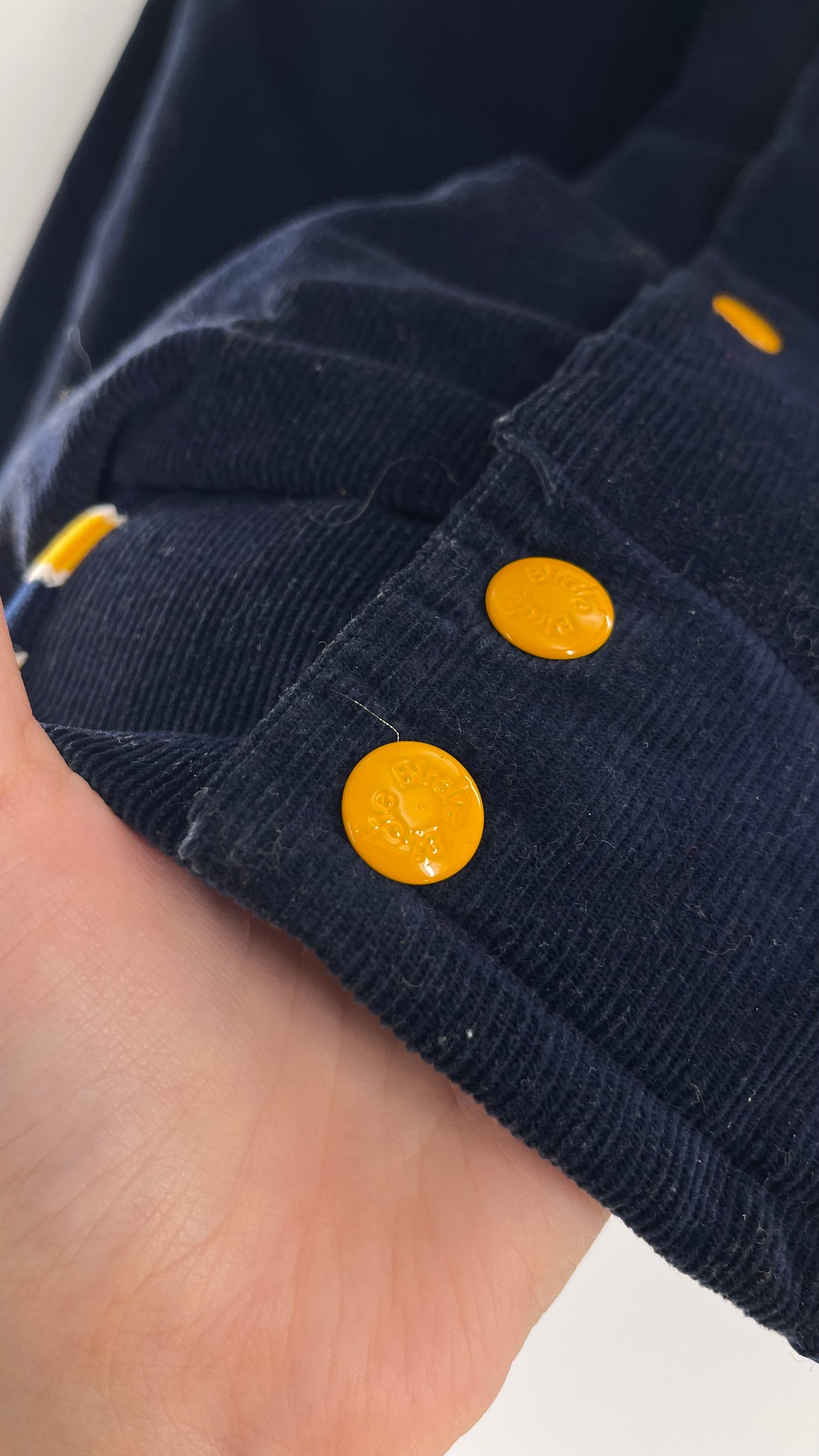 Birdie Vintage Phi Sigma Sigma Navy Blue Corduroy Varsity/Sorority Jacket with Contrast Yellow Patches and Embroidered “Paula” Monogram (Large)