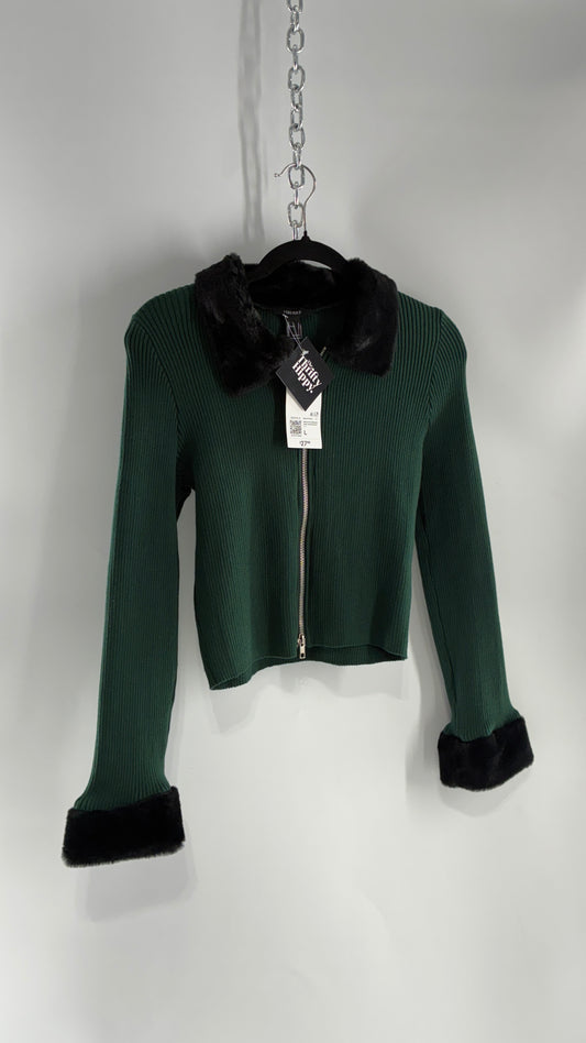 Forever 21 Green Ribbed Knit Zip Up with Fur Collar and Cuffs, Tags Attached (Large)