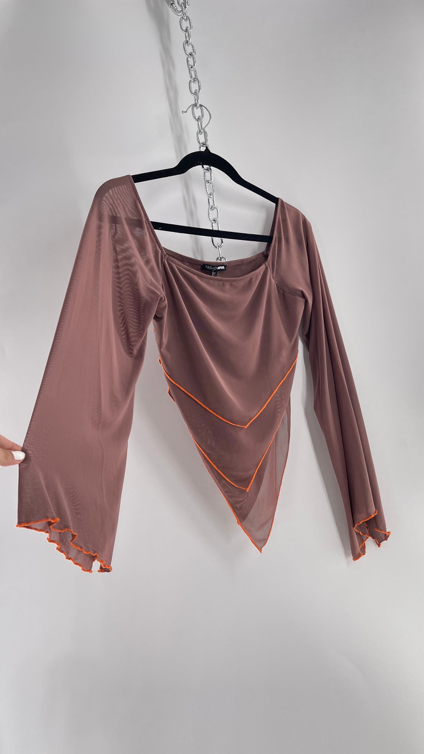 Fashion Nova Brown Mesh Pointed Hem Blouse with Bell Sleeves and Orange Contrast Stitch