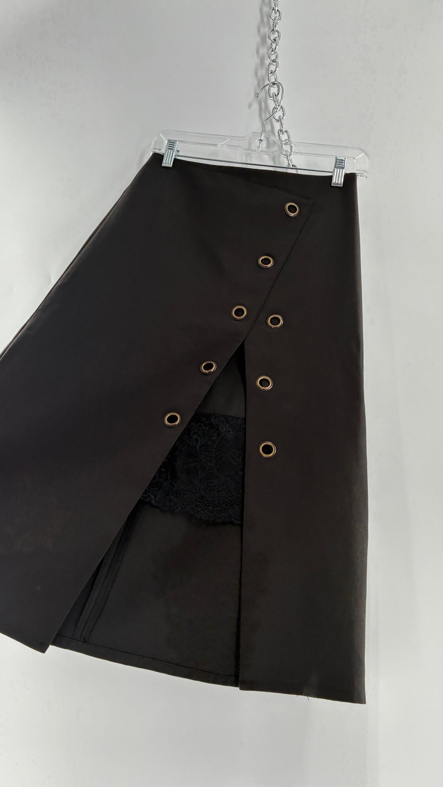 Vintage BYSI Black Skirt with Asymmetric Slit, Bronze Grommets and Lace Thigh Detail (EU36,UK8)