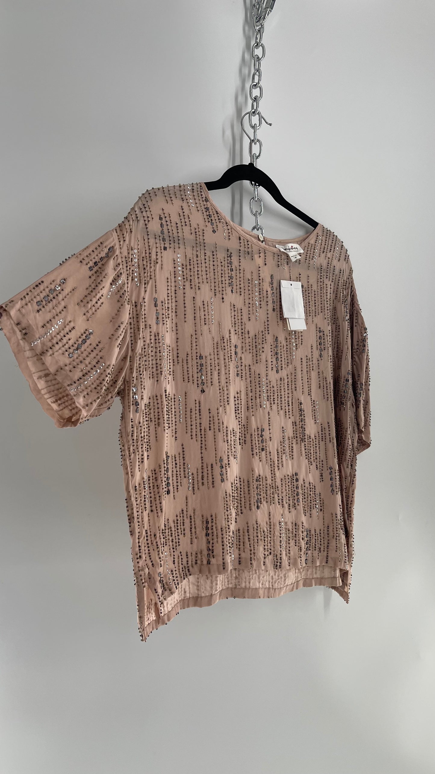 Velvet Anthropologie Dusty Rose Silky Top Covered in Beading and Tags Attached (Medium)