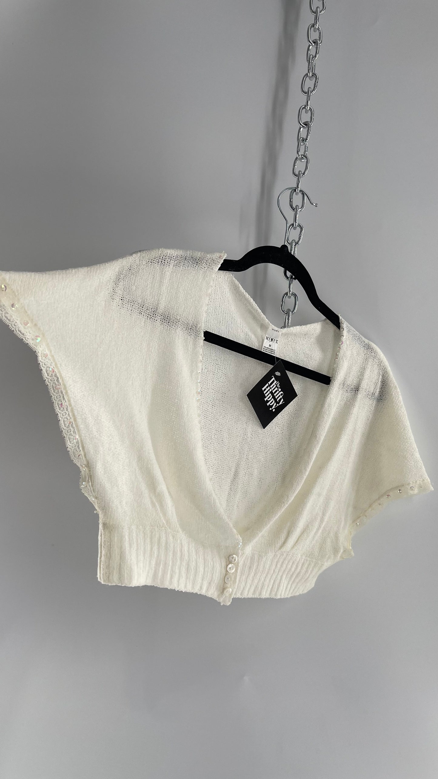 MIXIT VINTAGE White 100% Acrylic Cropped Shrug with Sequin and Button Detailing (Medium)