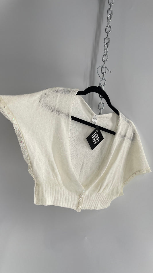 MIXIT VINTAGE White 100% Acrylic Cropped Shrug with Sequin and Button Detailing (Medium)