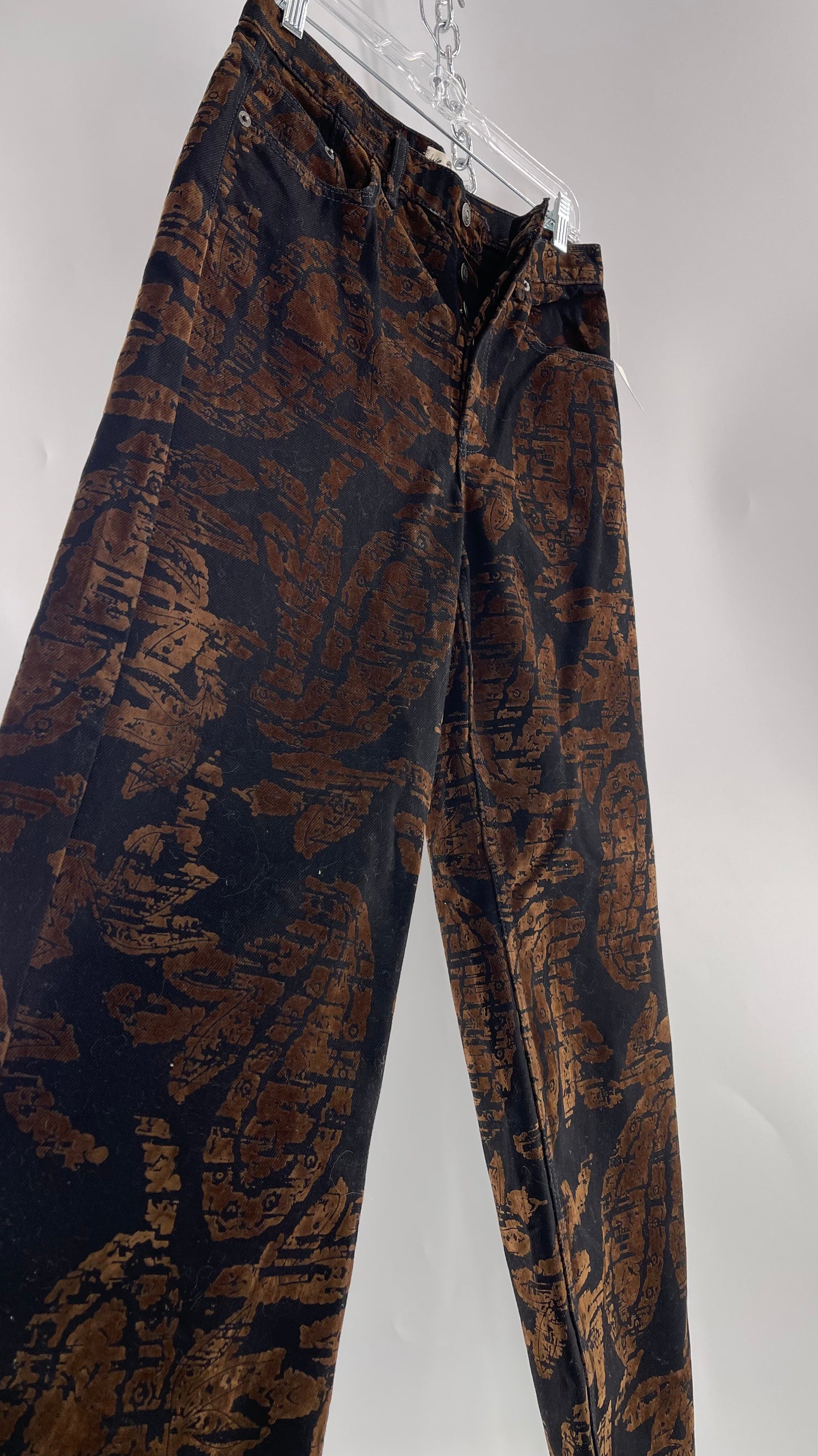 Free People Black/Brown Velvet Texture Graphic Straight Legs with Raw Edge Hem and Tags Attached (28)