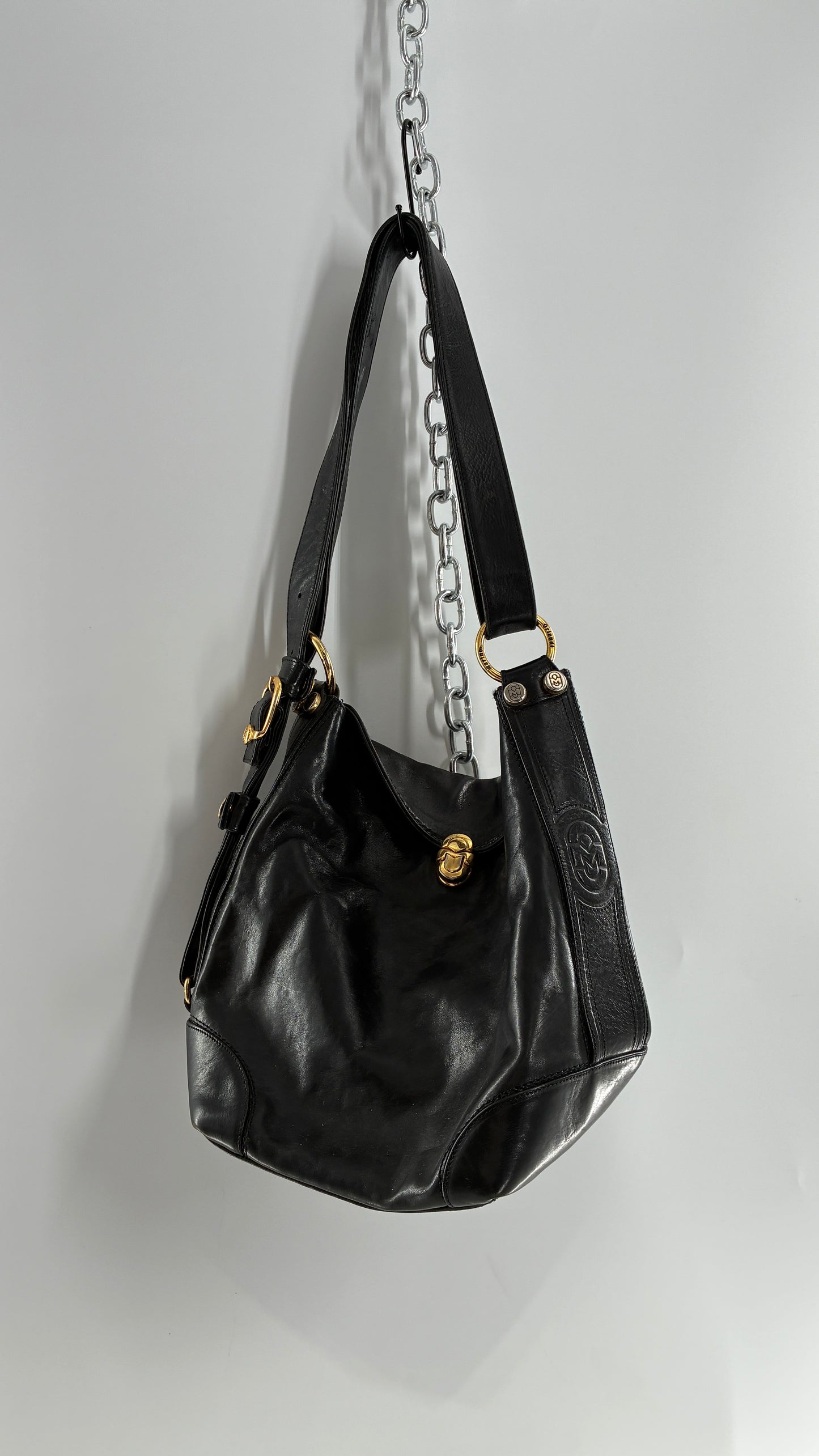 Vintage MARINO ORLANDI Black Leather Purse Made in Italy with Gold Embossed Hardware