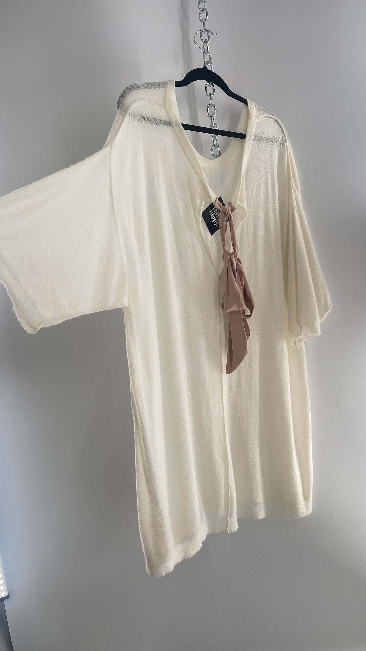 Free People Off White Thin Knit Cozy Sweater Dress with Open Back and Dusty Rose Ribbon (L)