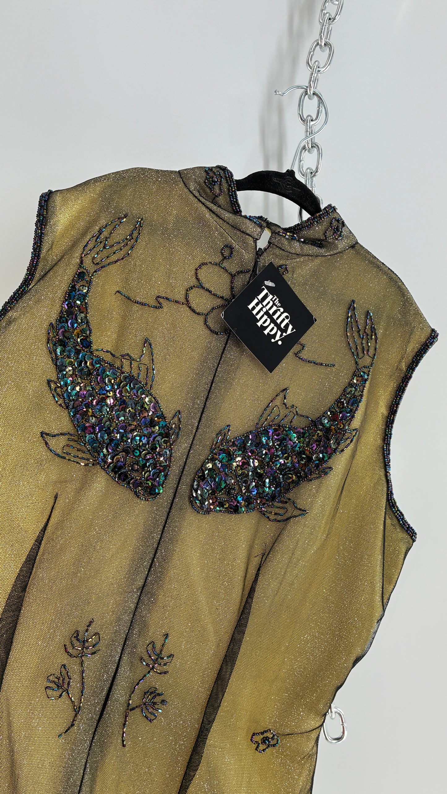 Vintage 1990s One of a Kind Handmade, Green Gown with Beaded Koi Fish, Metallic Tulle Overlay, and Symmetric Back (Medium)