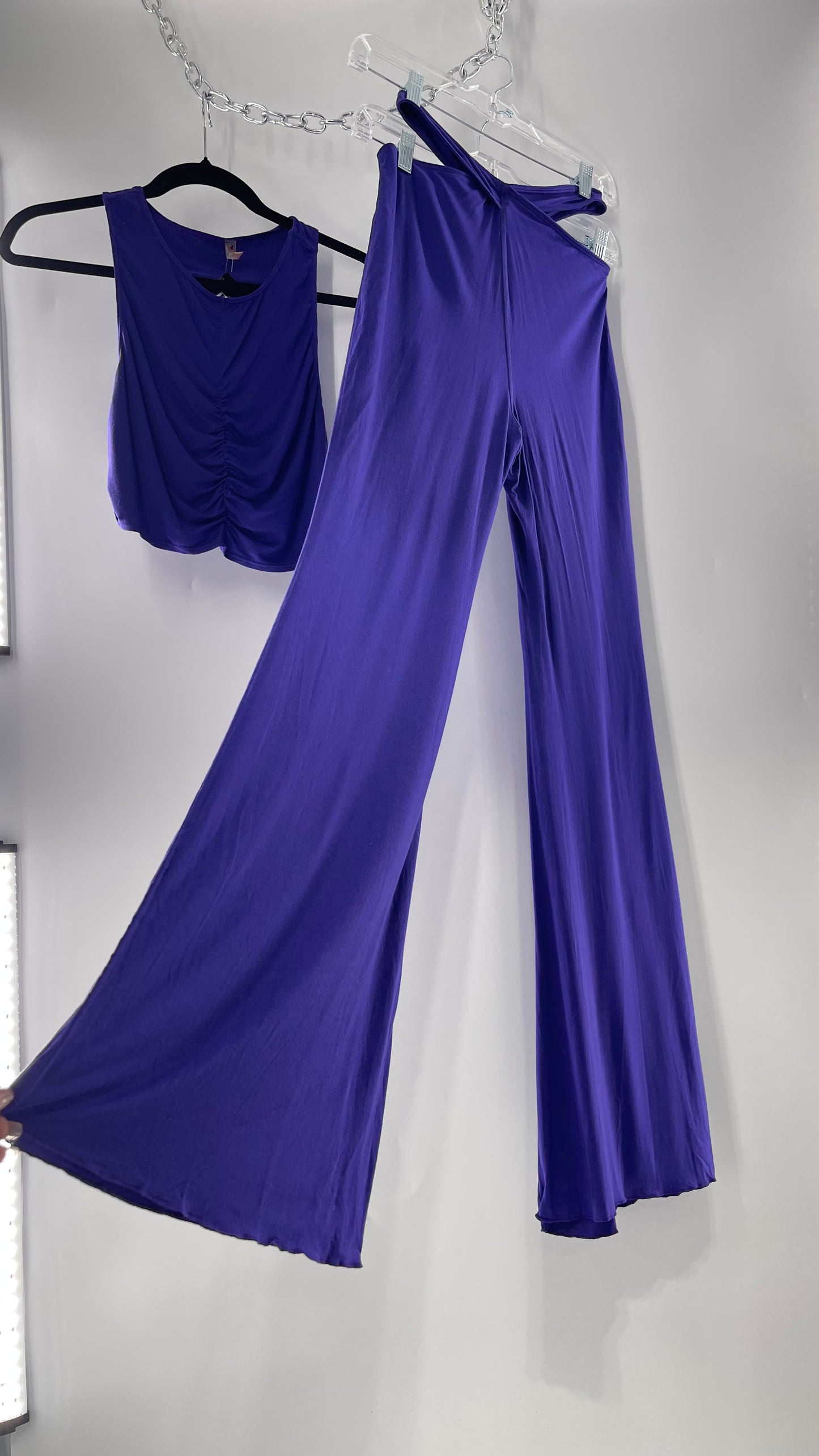 Free People 2 Piece Cobalt Purple Ruched Tank+ Cut Out Hip Strap Detail Flared Bottoms Set (Small)