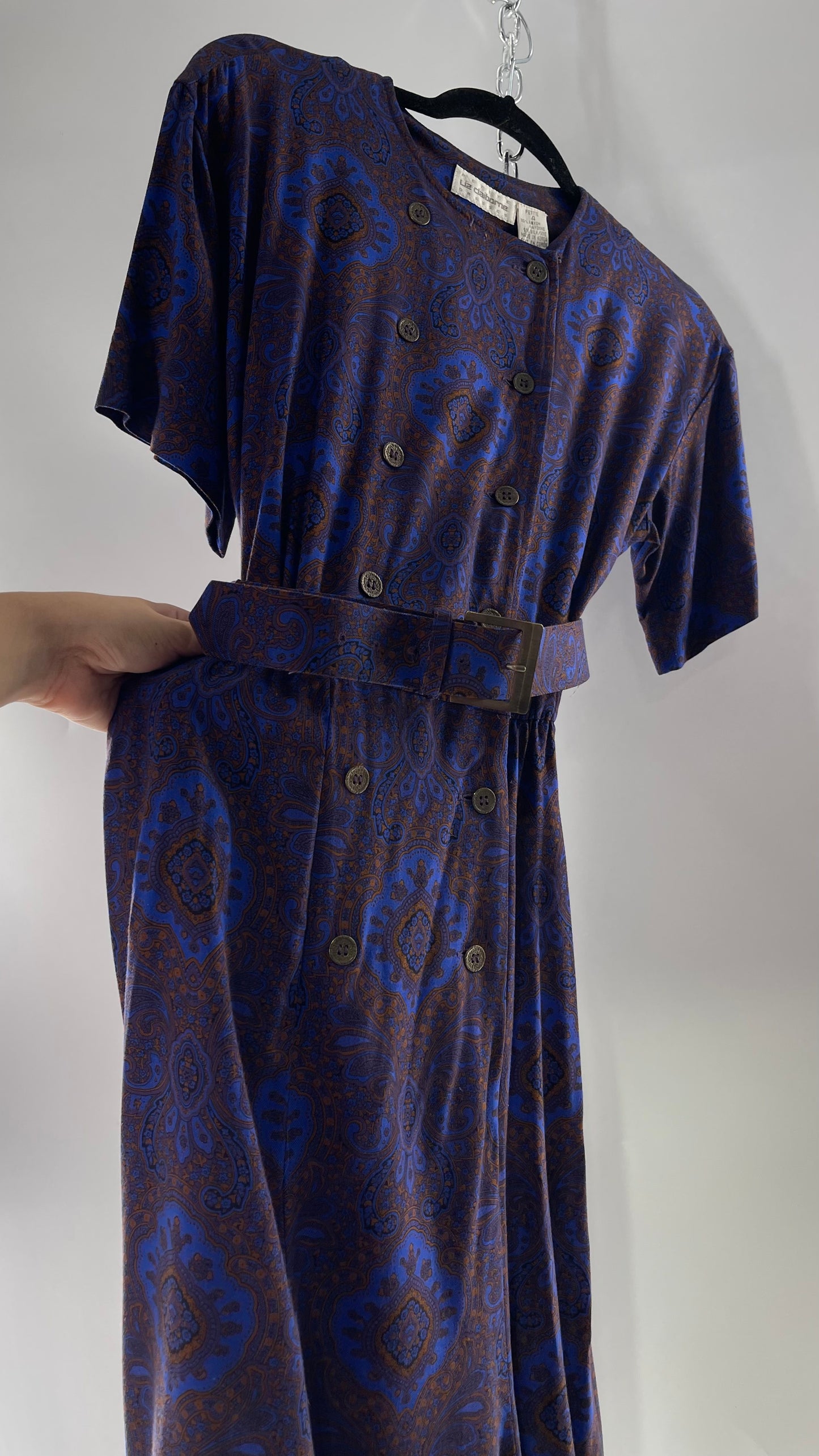 Vintage Liz Claiborne Cobalt Blue and Mustard Paisley Patterned 60s Style Dress(4)